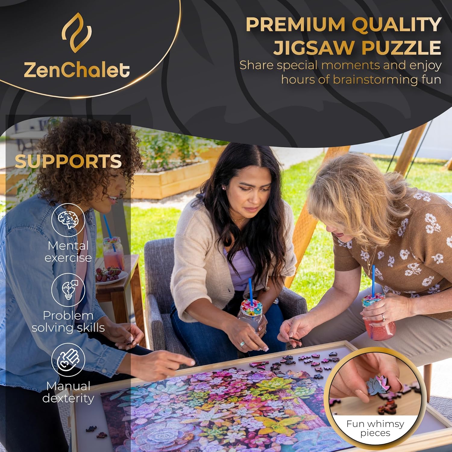 ZenChalet Garden Succulents – Rompecabezas de madera prémium de 1000 piezas para adultos, piezas de forma única con construcción de madera duradera,