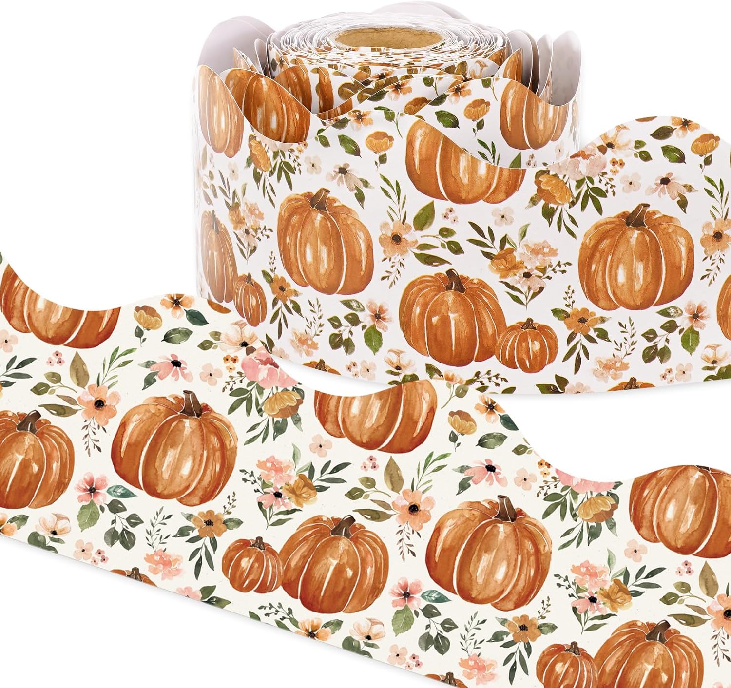 AnyDesign – Tablero de anuncios de calabaza floral bohemio de 65 pies, borde de acuarela para otoño, otoño, calabaza, borde troquelado para aula,