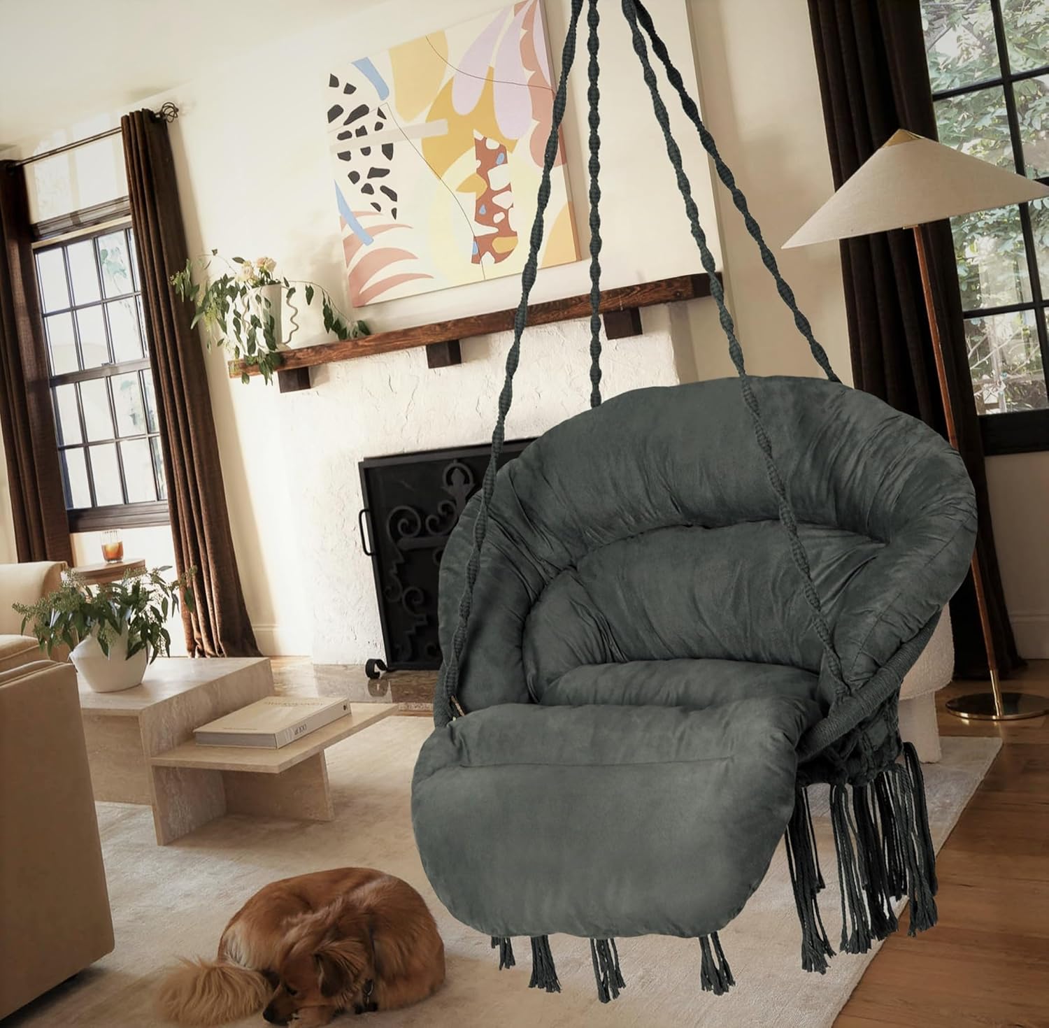 Silla hamaca con cojín, silla columpio de macramé hecha a mano con kits de accesorios para colgar, estilo bohemio, silla colgante de cuerda de