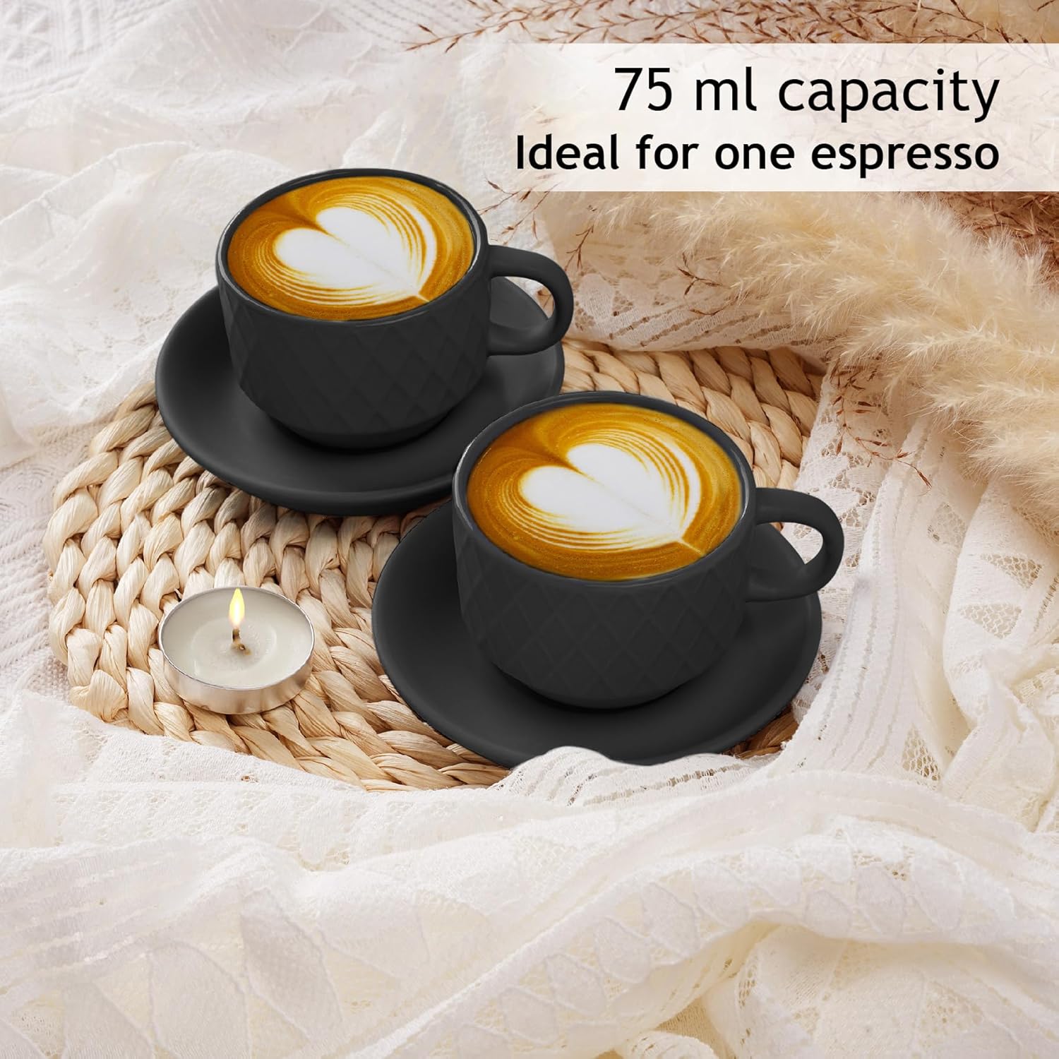 MIAMIO – 6 tazas de café expreso de gres de 2.5 onzas, juego moderno de tazas con soporte y platillos – Colección Palmanova (negro)