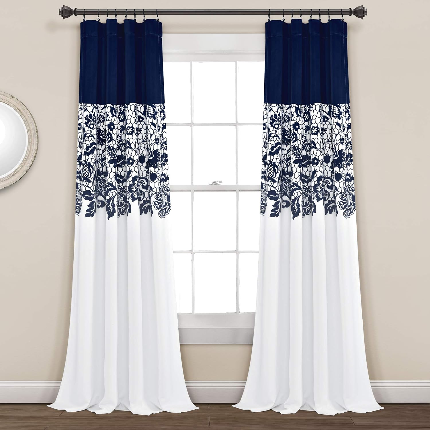 LUSH DÉCOR – Cortinas estampadas con filtro de luz azul marino Lush Decor Estate Garden para sala, comedor, dormitorio (par), largo ancho, 84 x 52