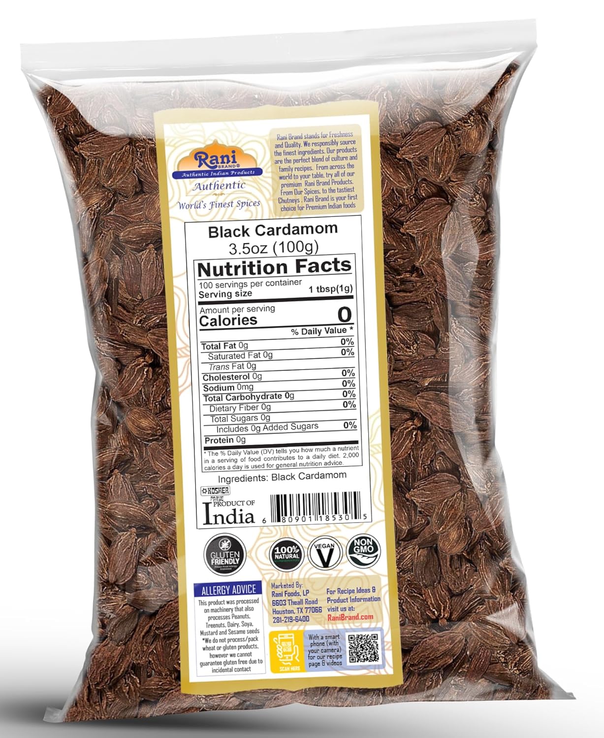 Rani – Cápsulas de cardamomo negro (Kali Elachi) – Especias indias enteras de 3.5 onzas (3.53oz)  Todo natural  Vegano  Apto para gluten  Sin OMG