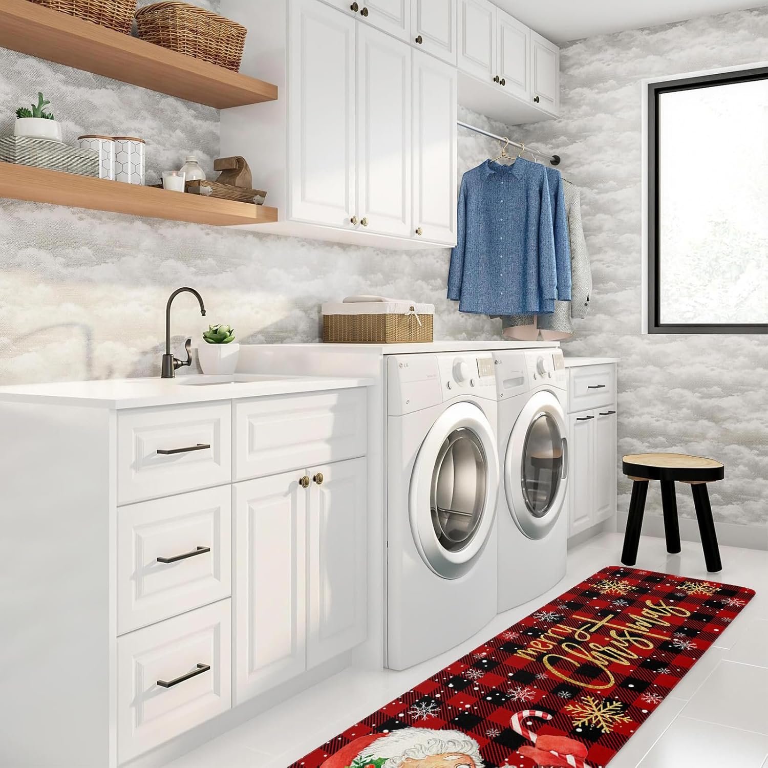 Alfombrillas de cocina de Papá Noel para piso, 2 piezas, diseño de búfalo rojo y negro, antideslizantes, juego de alfombras de cocina lavables,