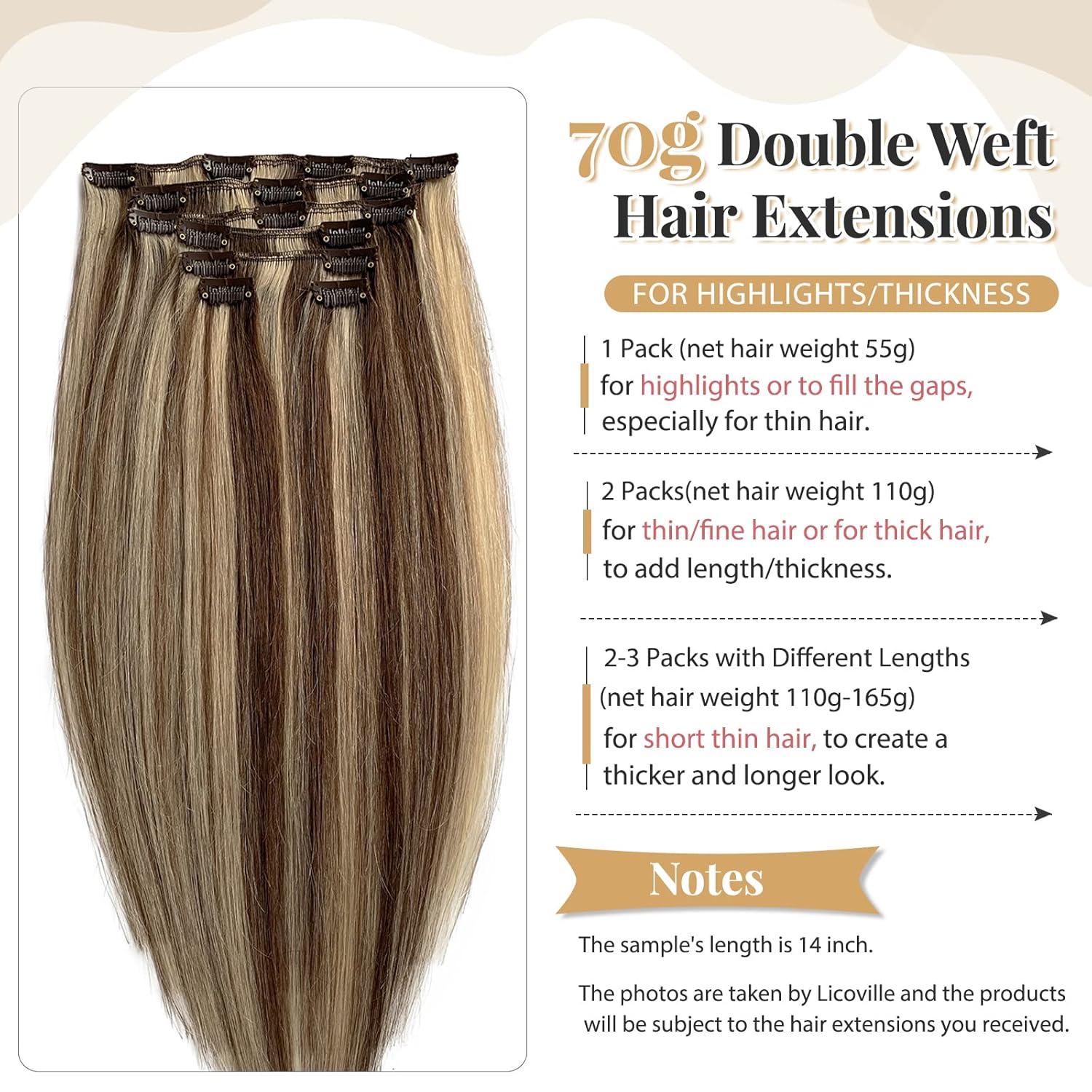 Extensiones de cabello humano real con pinzas, color marrón medio con rubio, extensiones de cabello humano Remy lacio y sedoso, 16 pulgadas, 7