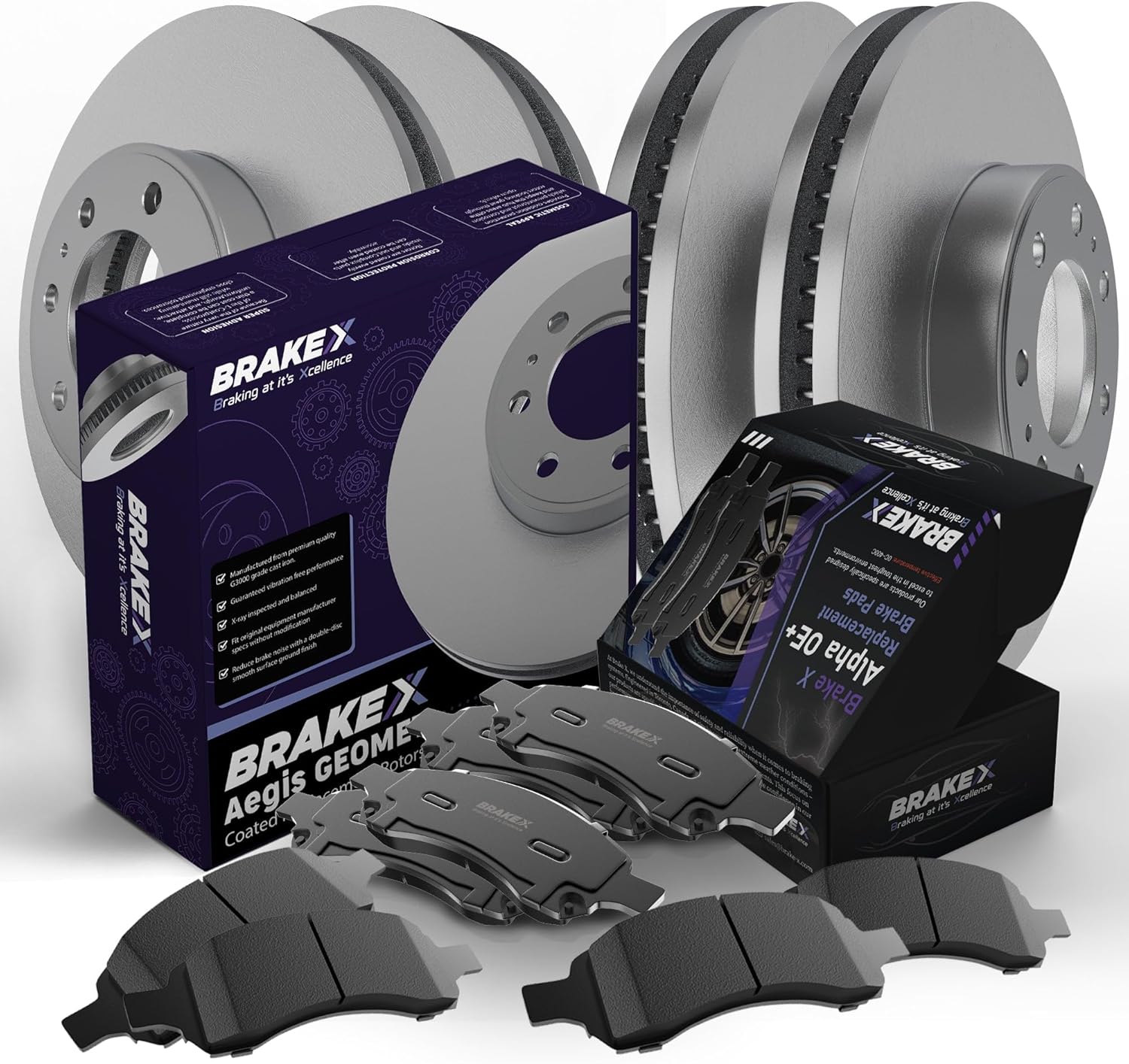 Brake X – Kit de pastillas de freno y rotores de repuesto Brake X  Rotores recubiertos Aegis GEOMET y pastillas de freno de cerámica Alpha