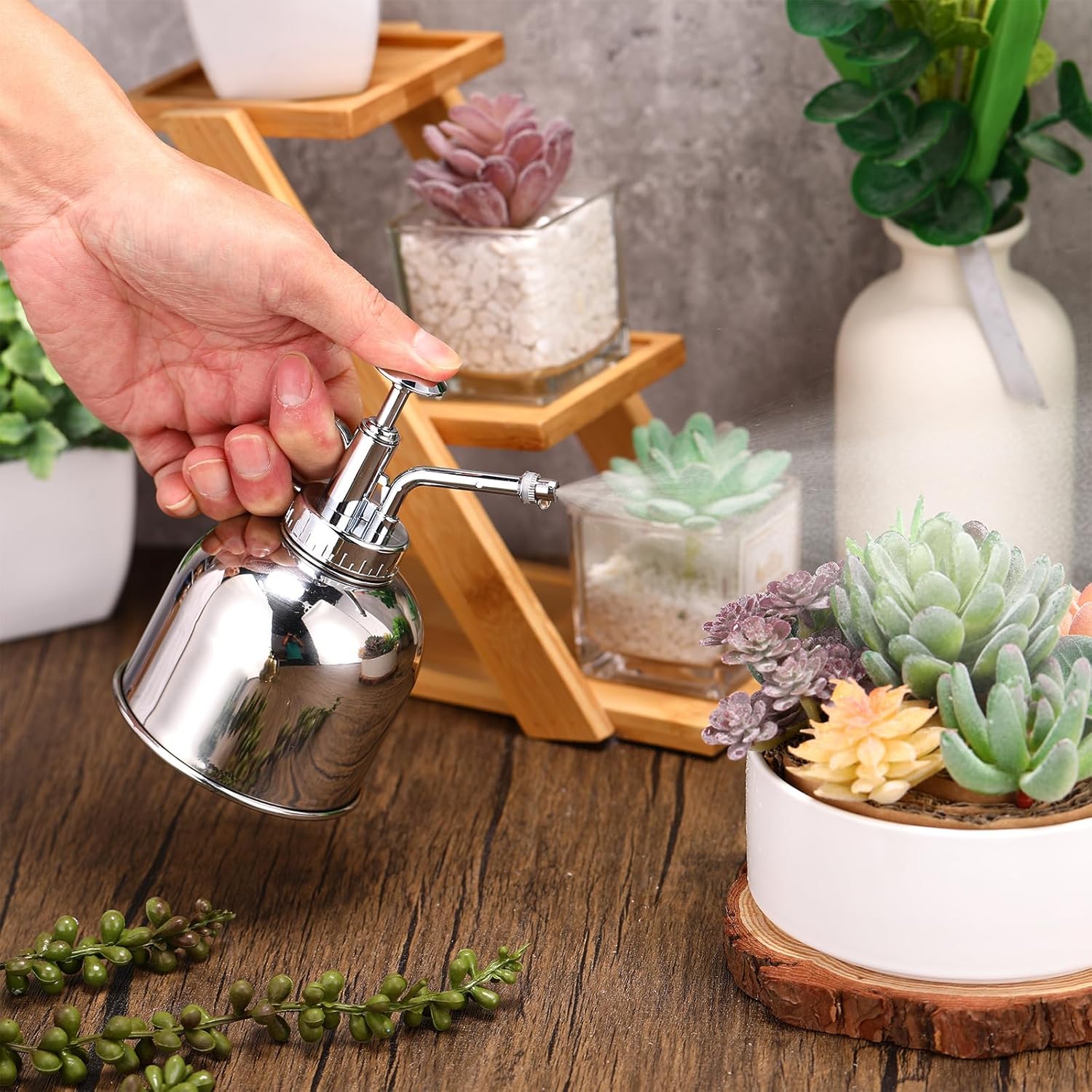 4 piezas de acero inoxidable para plantas Mister botella de riego para suculentas con bomba superior, rociador de flores, rociador pequeño, regadera