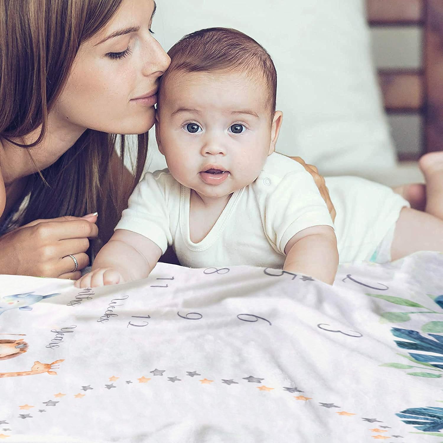 Manta mensual de hitos para bebé, manta de safari para niños, animales de la selva personalizada, manta de crecimiento súper suave