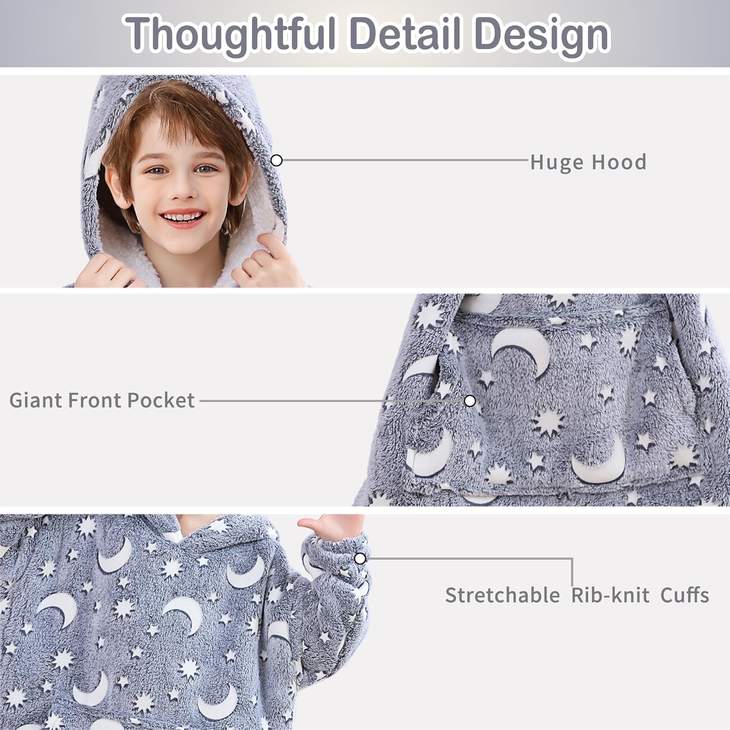 Blanket Hoodie, Sherpa Fleece Wearable Blanket for Kids, Plush Flannel Hooded Blanket, Sweatshirt Gift with Giant Pocket