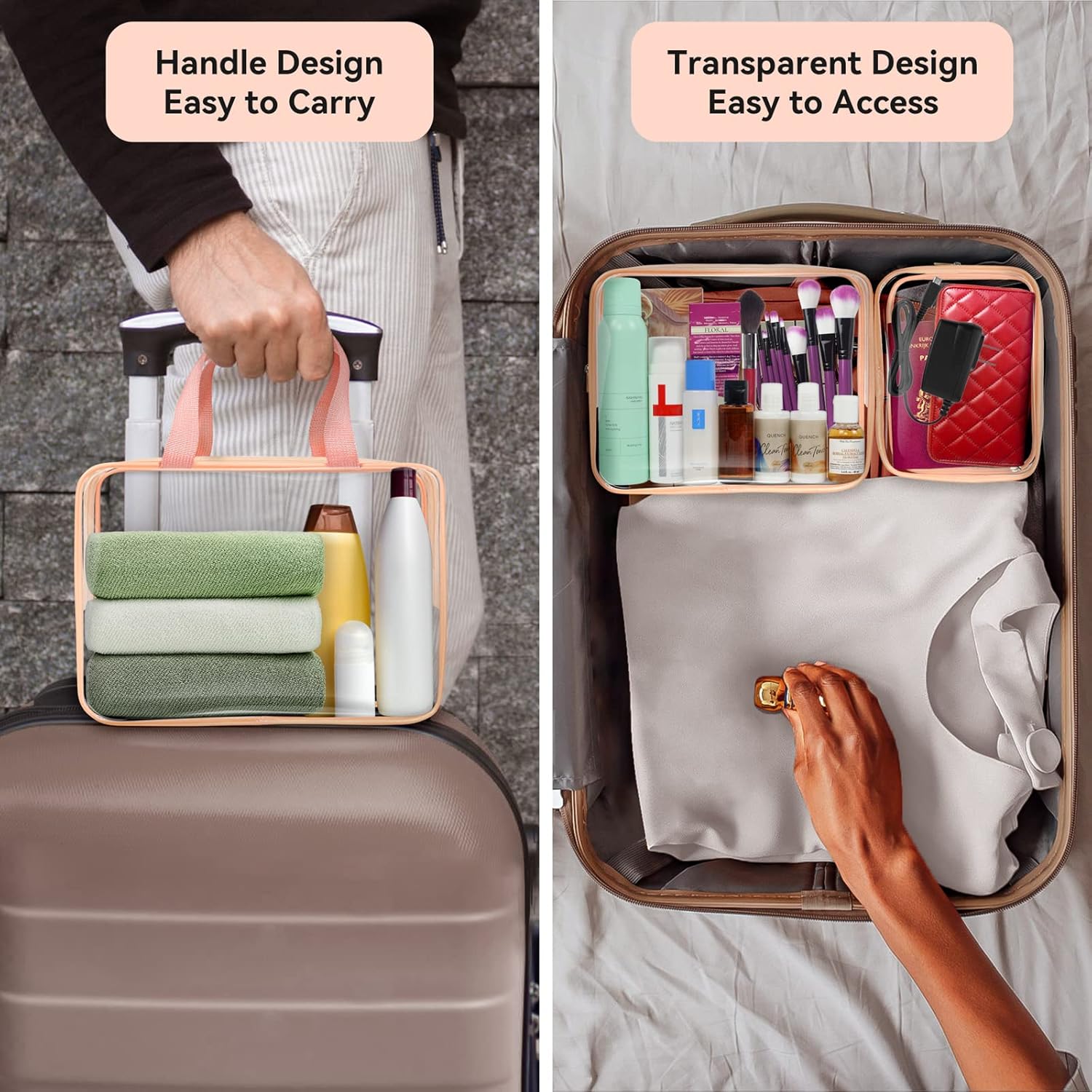TISRATOK 10 piezas de maquillaje de viaje transparente, plástico PVC cosmético aprobado por la TSA kit organizador con cremallera bolso, anaranjado,