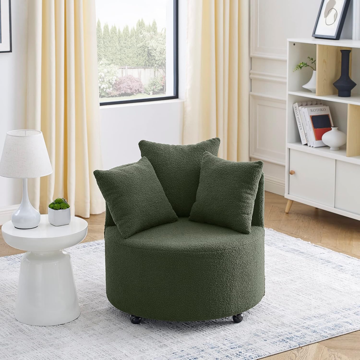 Ucloveria Silla giratoria redonda con ruedas móviles y 3 almohadas para sala de estar, dormitorio, verde