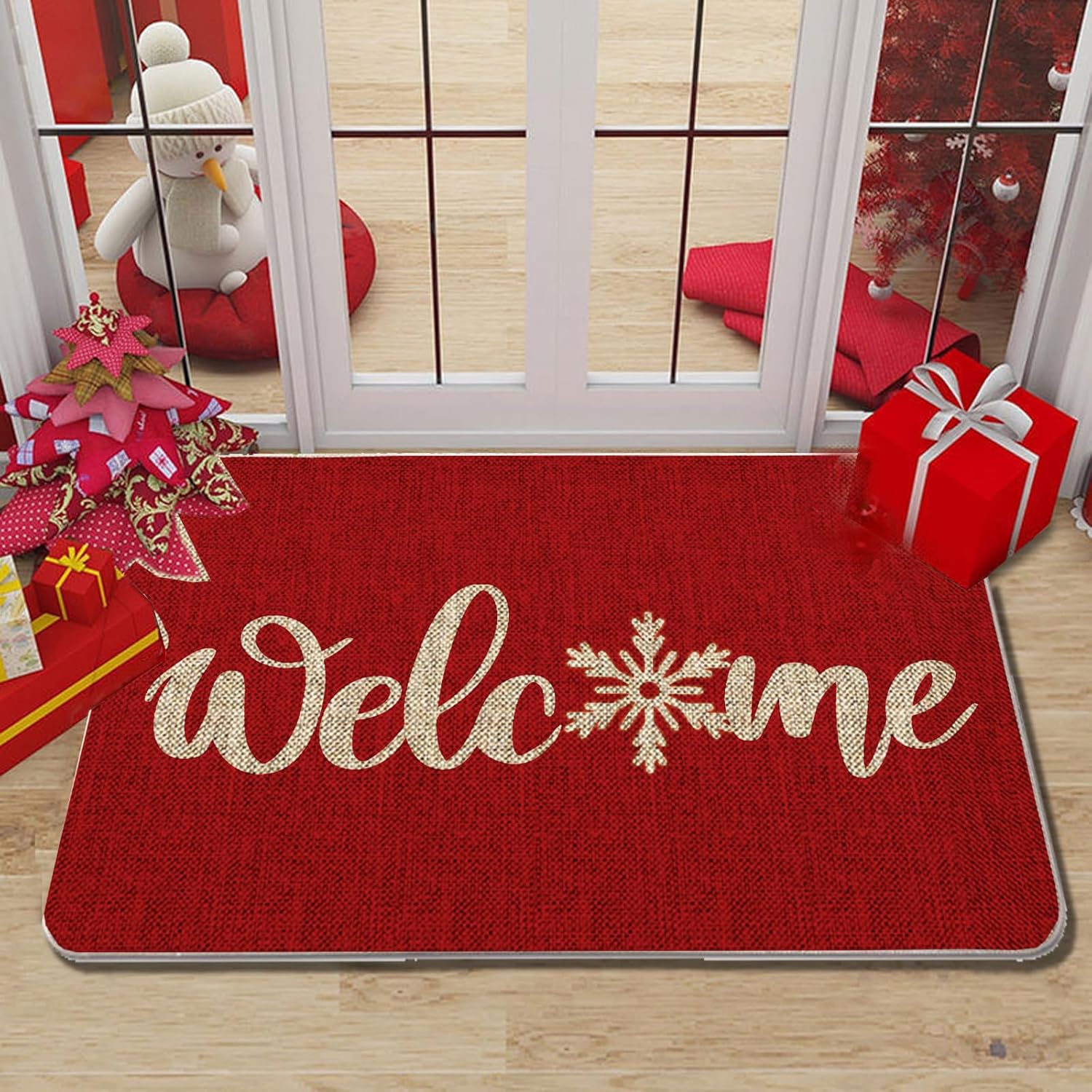 GAGEC Tapete de Navidad para exteriores, tapete rojo de bienvenida con copos de nieve, tapete de entrada para puerta de invierno, decoración de casa