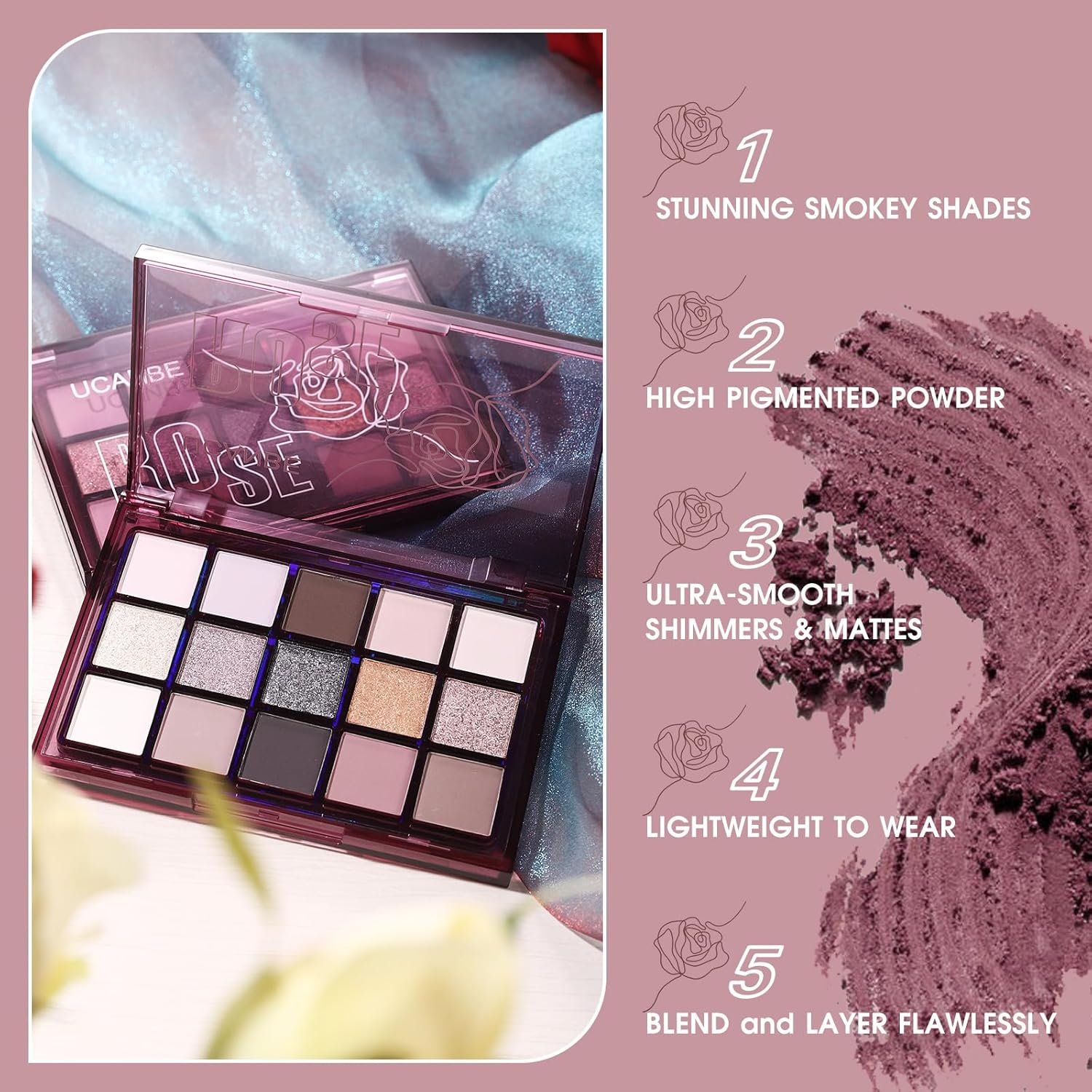 UCANBE Smokey Rose Paleta de sombra de ojos, 15 colores neutros brillantes mate, paleta de maquillaje metálico, color marrón topo ahumado nude