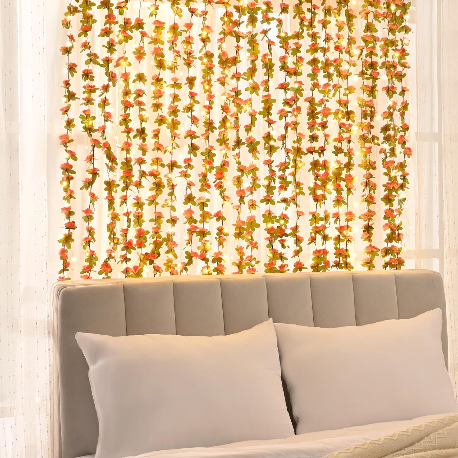BLEUM CADE 5 guirnaldas de flores artificiales de 41 pies con cadena de luces de 32.8 pies, lindas flores colgantes falsas para decoración de bodas,