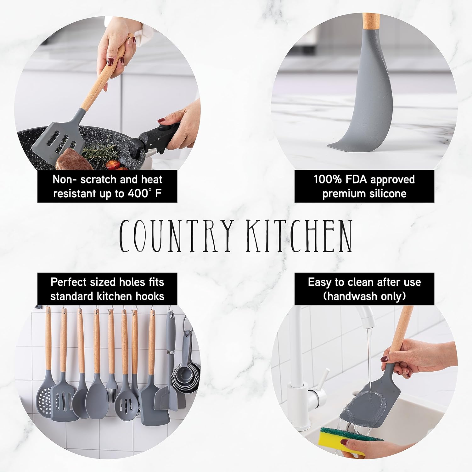 Country Kitchen Juego de utensilios de cocina  Juego de 38 espátulas de silicona antiadherentes con soporte, asas de madera y utensilios resistentes
