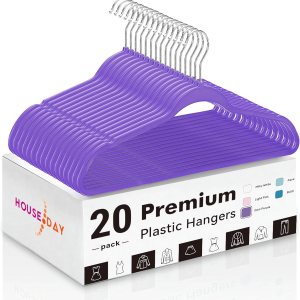 HOUSE DAY Paquete de 20 perchas de plástico, perchas moradas extra anchas con gancho giratorio de 360, perchas que ahorran espacio como HOUSE DAY Paquete de 20 perchas de plástico, perchas moradas extra anchas con gancho giratorio de 360, perchas que ahorran espacio como