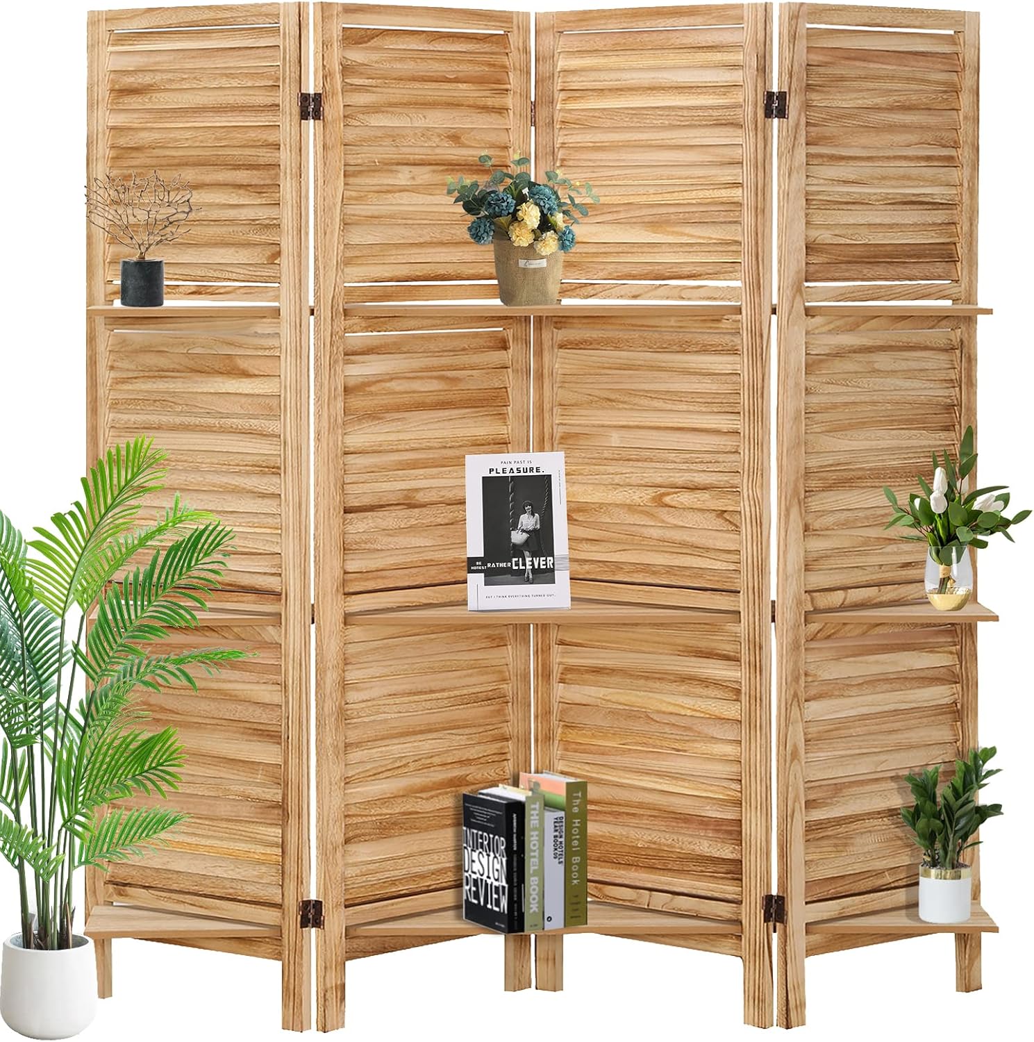 Babion Divisor de habitación con estantes, separadores de habitación de 5.6 pies, 4 paneles, separadores de habitación de madera y pantallas