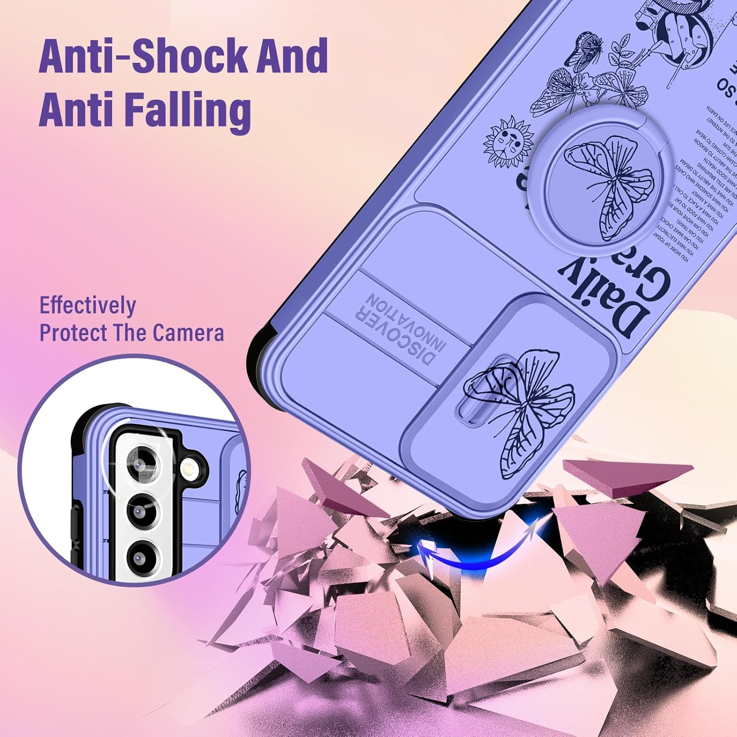 Funda 2 en 1 para Samsung Galaxy S22 Plus para mujeres, bonita funda de mariposa femenina con diseño único de mariposa morada con funda para cámara