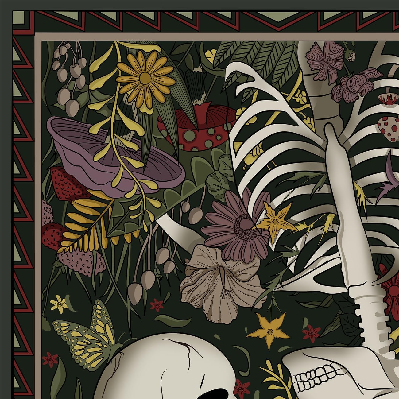 MAMHSABC Tapiz vintage de esqueleto, tapiz de calavera, tapiz de jardín, hongos, flores, plantas, tapiz de amor, tapiz colgante de pared para