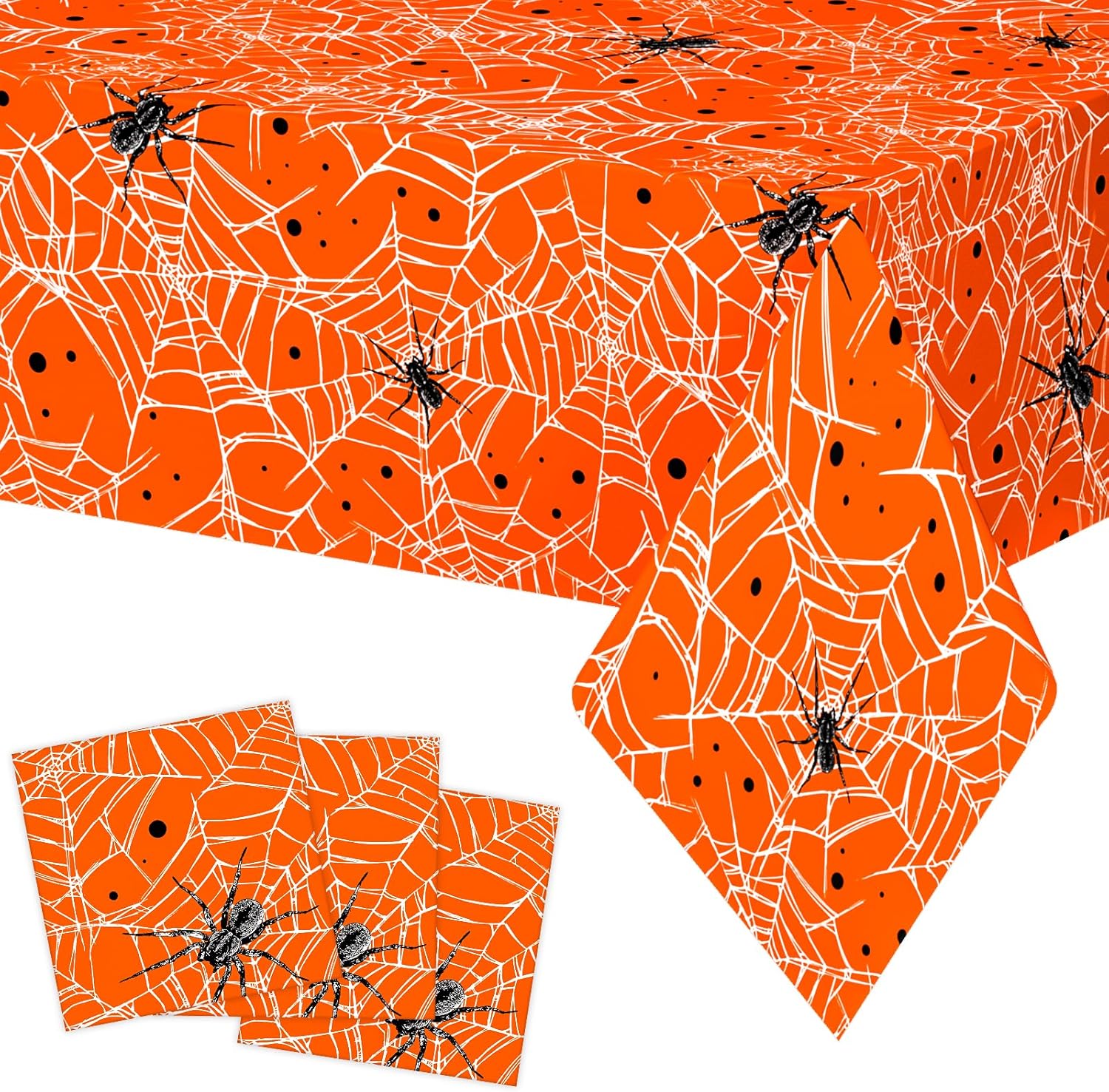 Manteles de arañas y telarañas de Halloween de 108 x 54 pulgadas, manteles desechables para fiesta de Halloween, manteles impermeables y duraderos