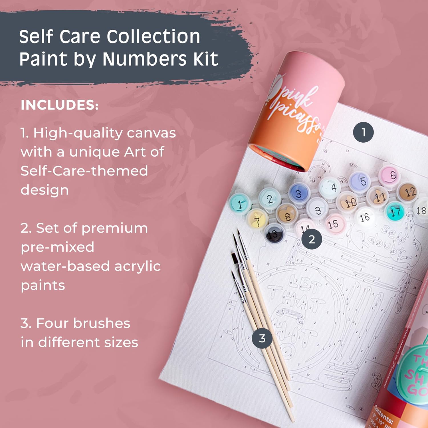 Pink Picasso Kits de colección de cuidado personal de pintura por números para adultos y principiantes  Kits de pintura de lienzo únicos de 8 x 10