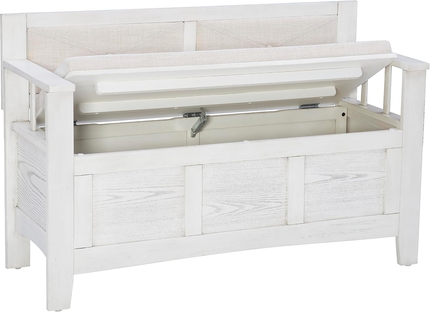 Linon Carlton – Banco de almacenamiento blanco con respaldo tapizado beige y asiento acolchado, gris ahumado