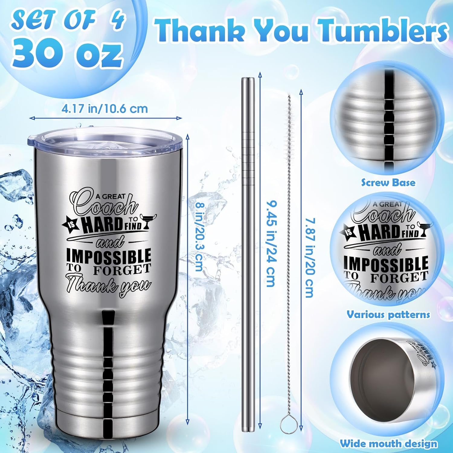 Juego de 4 vasos de acero inoxidable con tapas y pajitas, regalo de agradecimiento para entrenador, para hombres y mujeres, baloncesto, fútbol,
