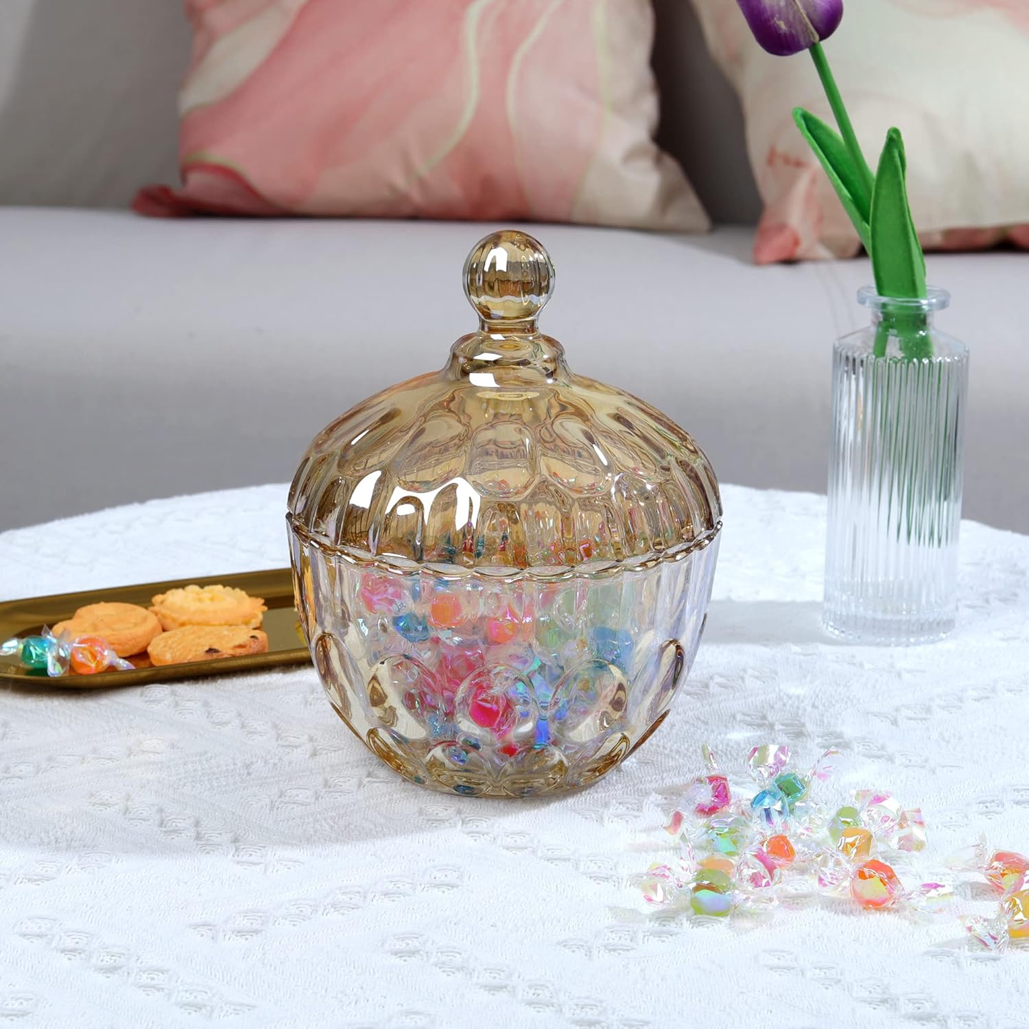 Joeyan Plato de cristal ámbar para dulces con tapa, tarro grande cubierto de vidrio, cuenco decorativo para dulces, recipiente de vidrio en relieve