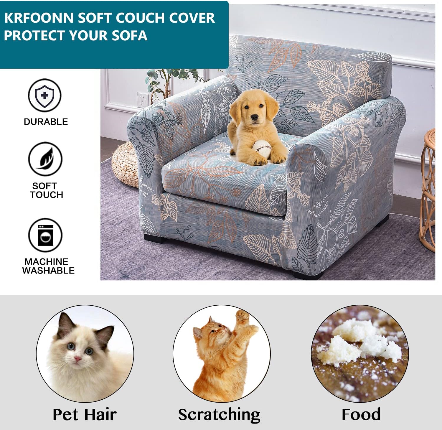 KRFOONN Fundas para silla de 2 piezas con estampado, fundas de sofá, fundas de sofá lavables, fundas protectoras de muebles con parte inferior
