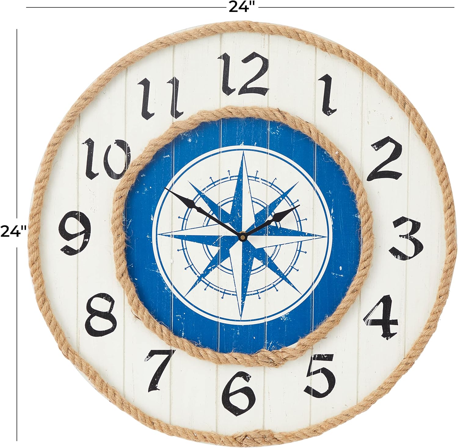 Deco 79 Reloj de pared con brújula de madera con detalles de cuerda, 24 x 2 x 24 pulgadas, azul