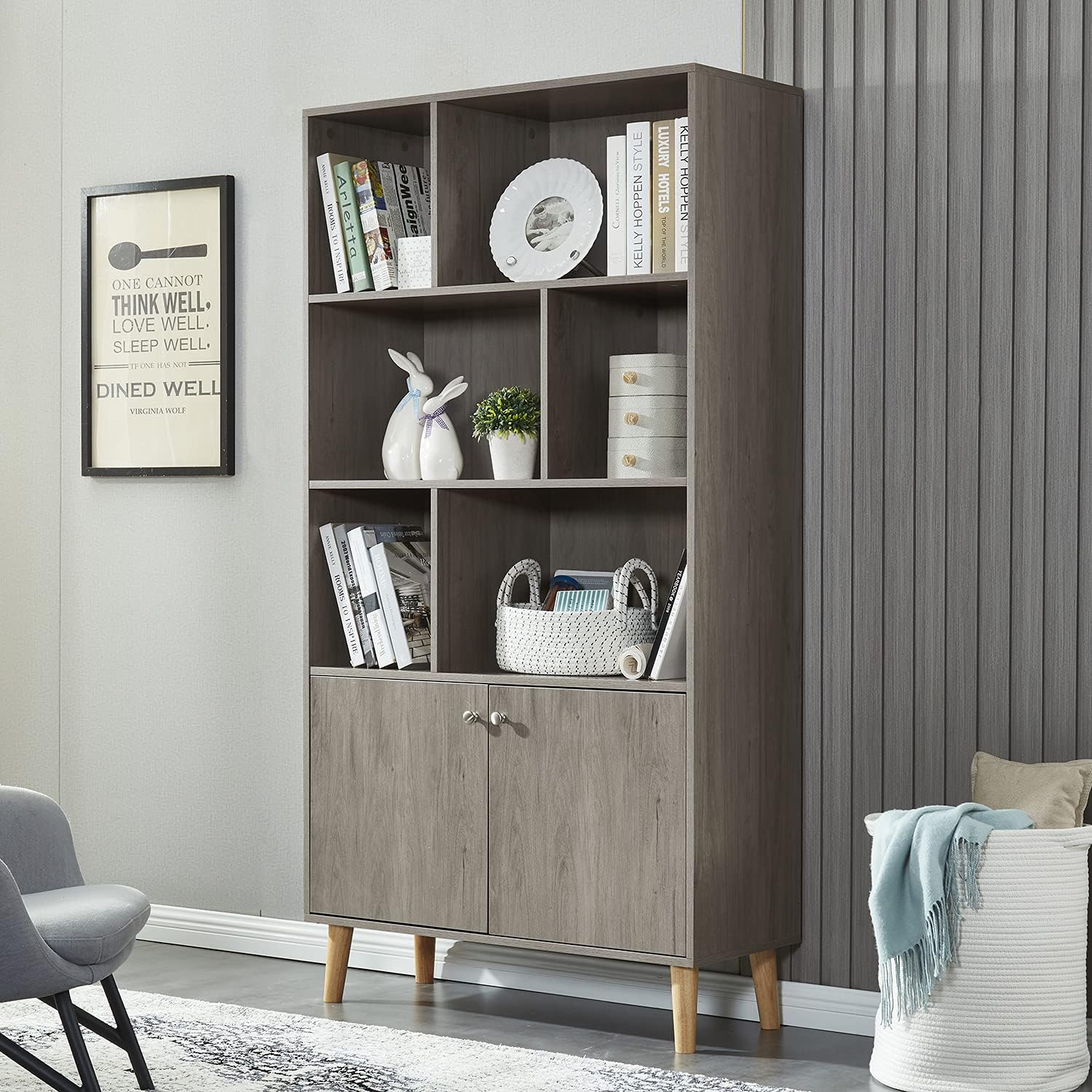 Estantería moderna con 2 puertas, organizador de estante para exhibición, biblioteca de madera con 6 gabinetes de almacenamiento para oficina en