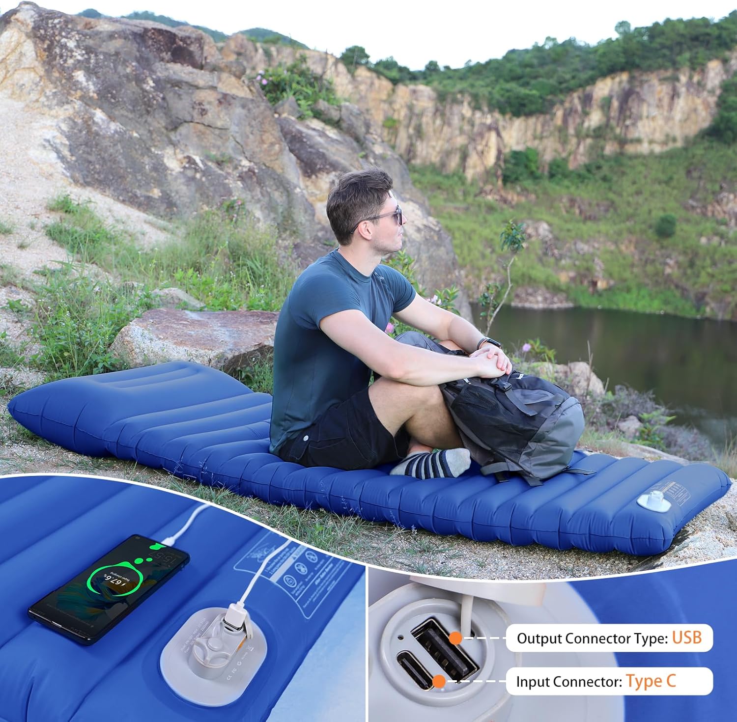 JOSEN Colchoneta eléctrica para campamento, colchón inflable automático para campamento, tamaño Queen de 75 x 55 pulgadas, doble colchón de