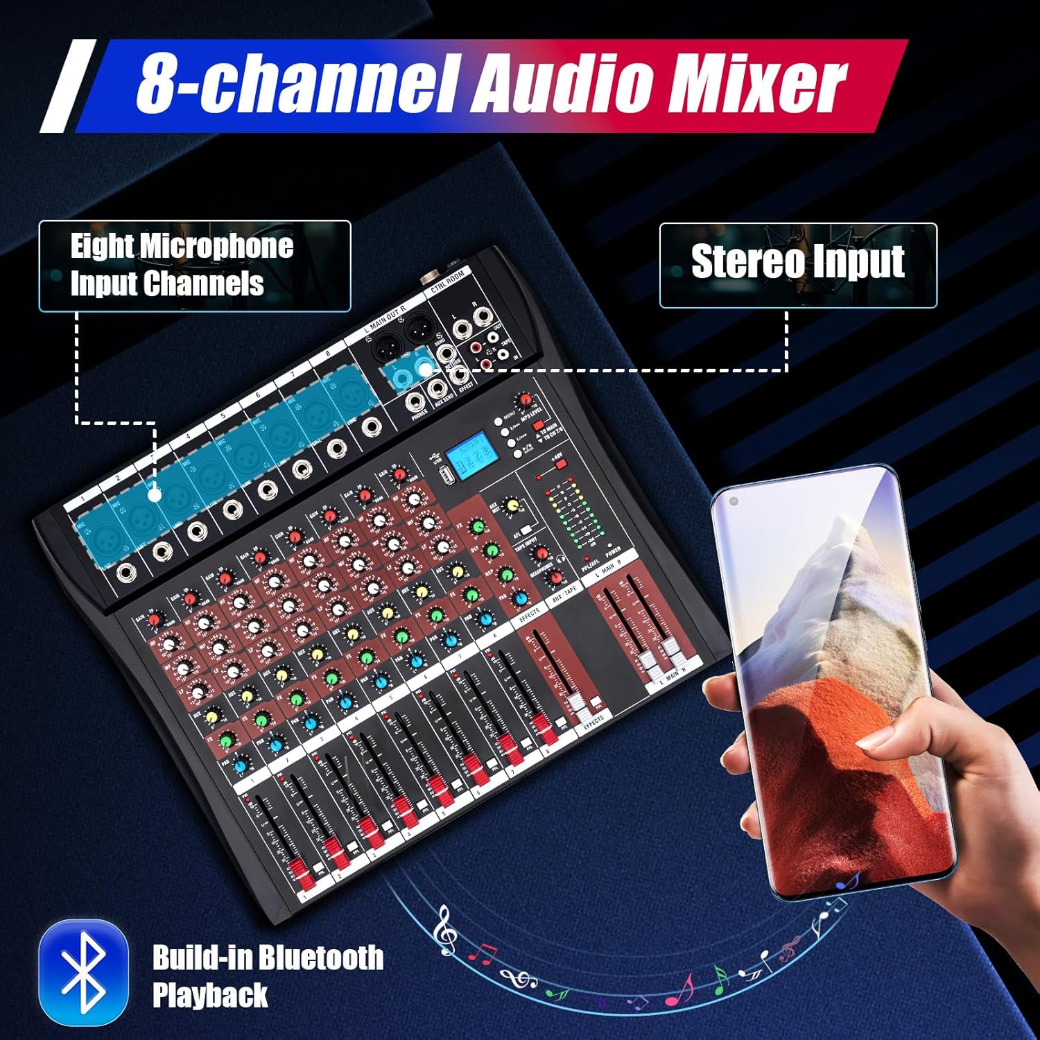 Consola de mezcla multifuncional de 8 canales Bluetooth Live Studio Audio Mixer Consola de mezcla USB con salidas de alta calidad, control de audio
