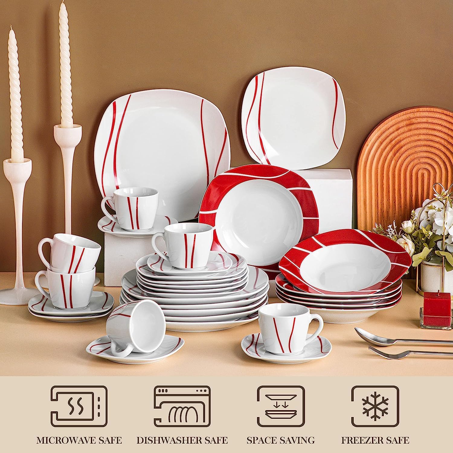 MALACASA Series Felisa – Juego de vajilla cuadrada, 60 piezas de platos y cuencos de porcelana para 12, juego de platos grises y blancos con plato