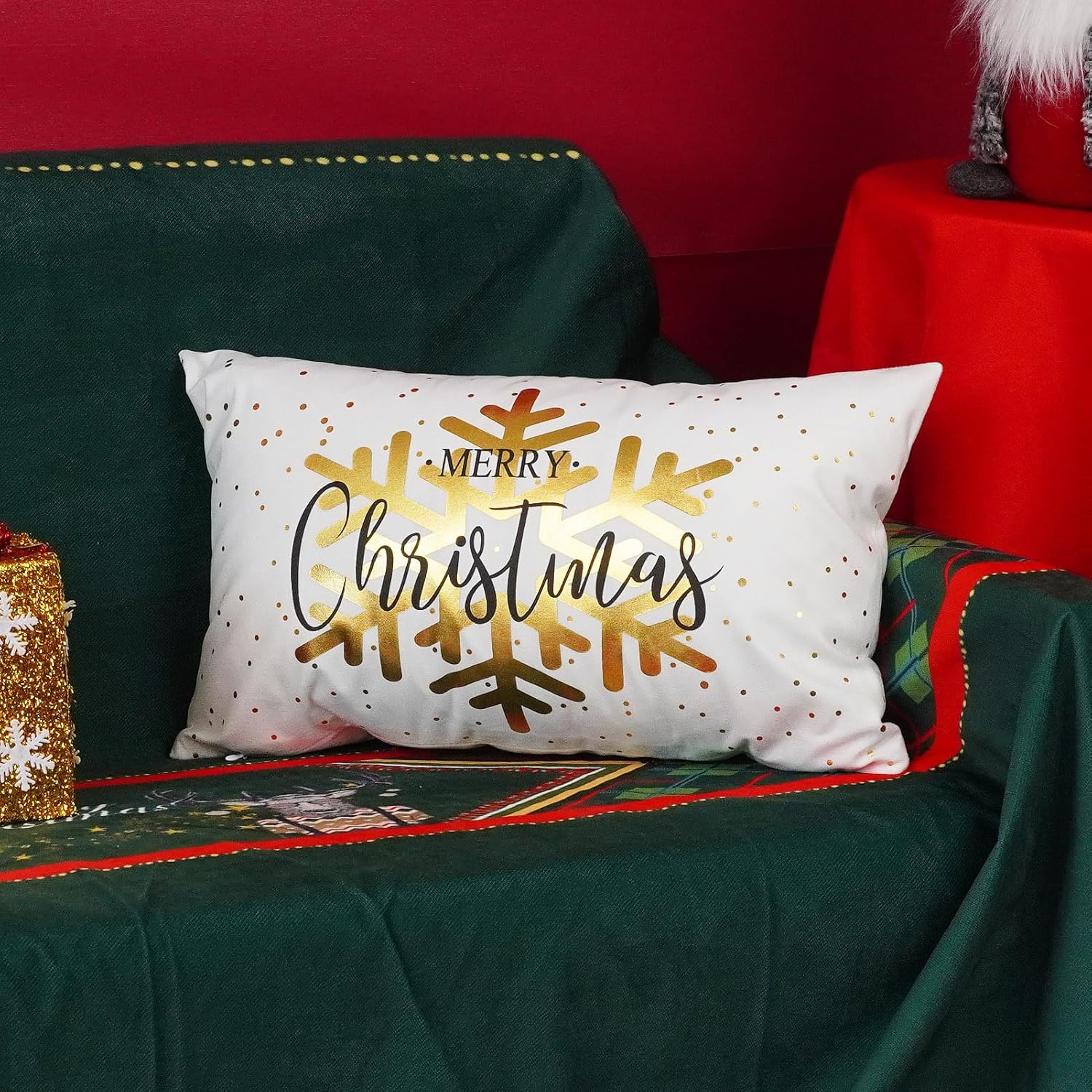 ONWAY Juego de 4 fundas de almohada decorativas de Navidad de 12 x 20 pulgadas, diseño de copos de nieve, renos, decoración dorada para sofá,