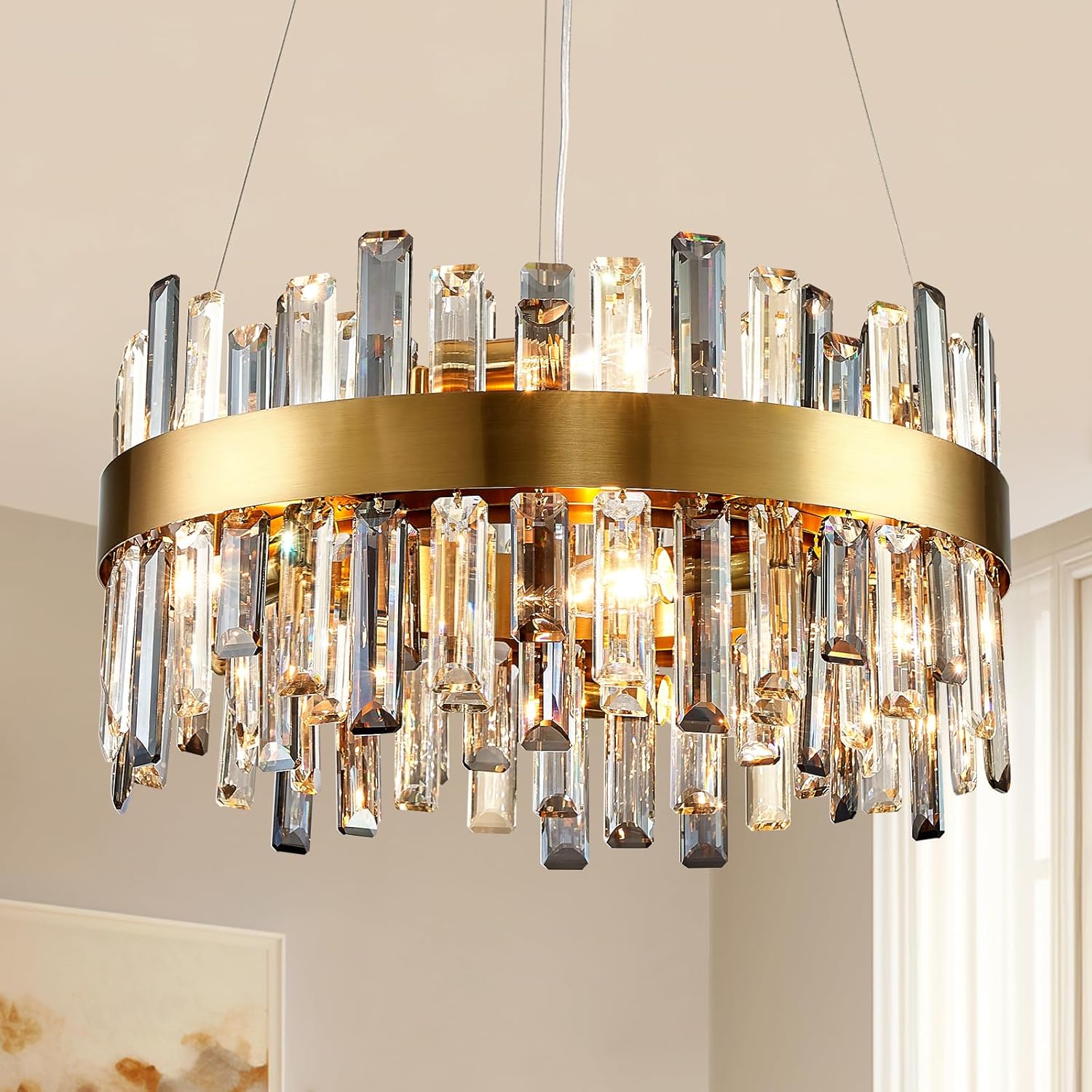 NOXARTE Candelabro redondo de cristal de lujo de 19.7 pulgadas, lámpara colgante moderna con alambre ajustable, lámpara dorada para comedor, sala de