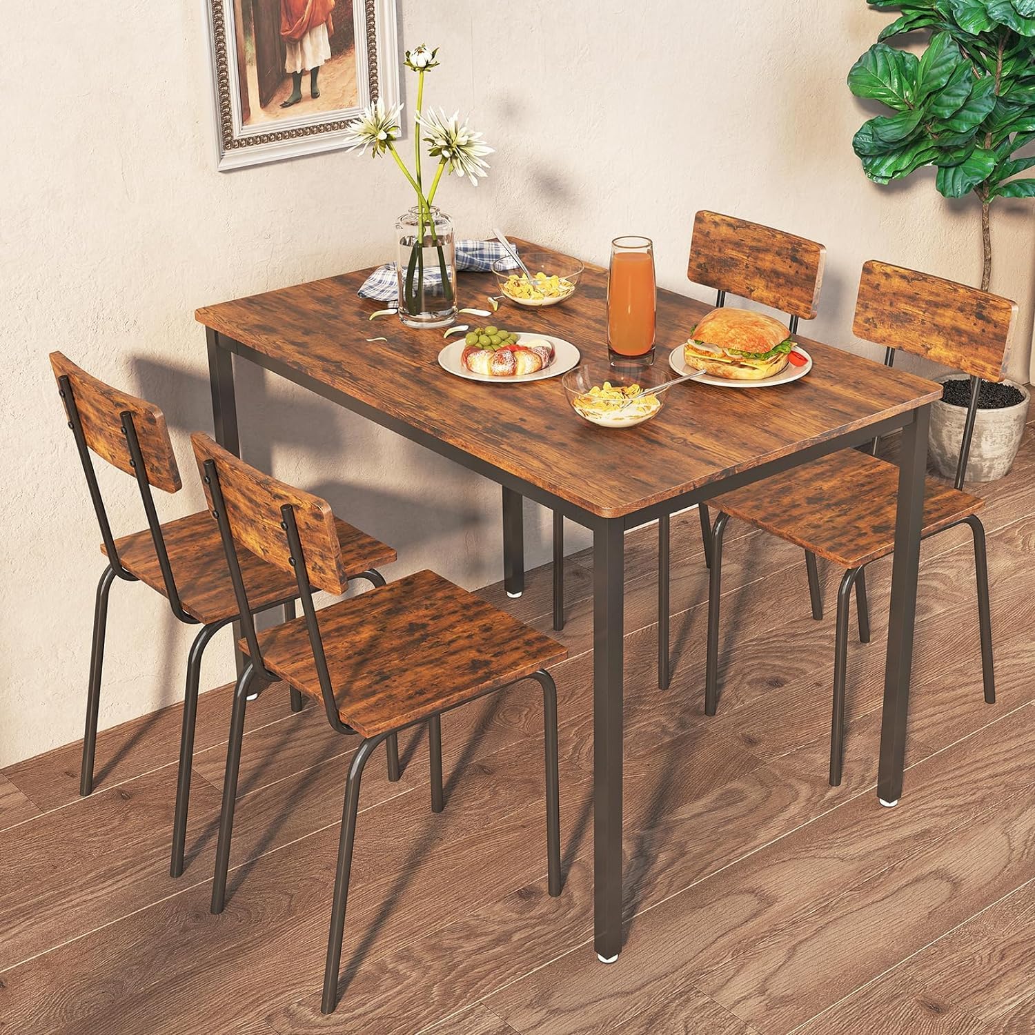 Juego de mesa de comedor de 4 sillas para 4-8, escritorio de cocina moderno que ahorra espacio, casa de campo de estilo industrial de madera, 43