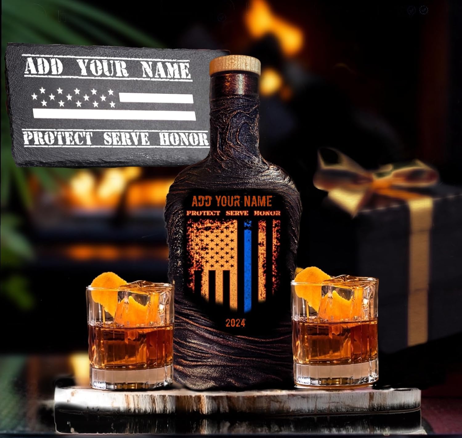 Personalized Police Whiskey Decanter Set for Men, Dad, Officer, Captain, Sergeant – Includes Custom Decanter, Glasses, Serving Board, Gift Box –