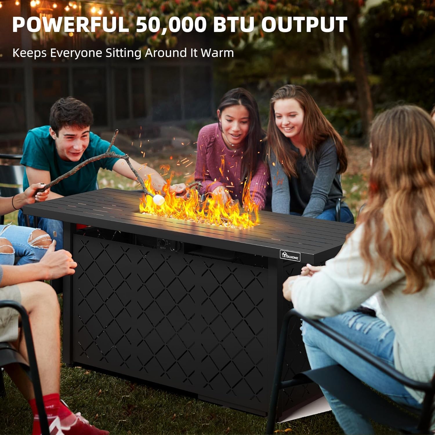 YITAHOME Mesa para fogata de propano de 57 pulgadas, hoguera de gas de 50,000 BTU con sistemas de encendido, mesa de hierro, roca de lava, cubierta,