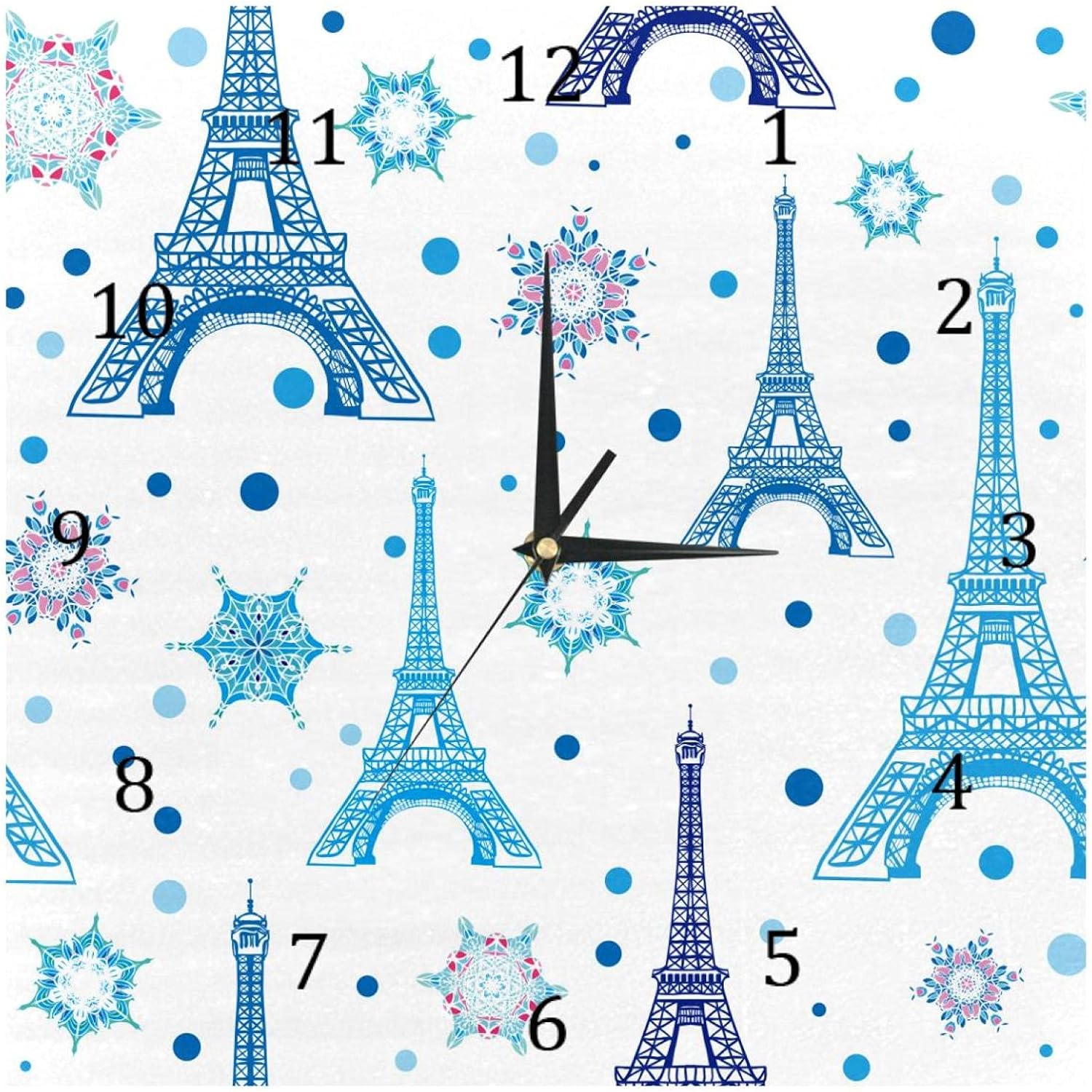 relojes de pared azul París Torre Eiffel copo de nieve funciona con pilas reloj numérico para dormitorio, sala de estar, cocina, oficina, decoración