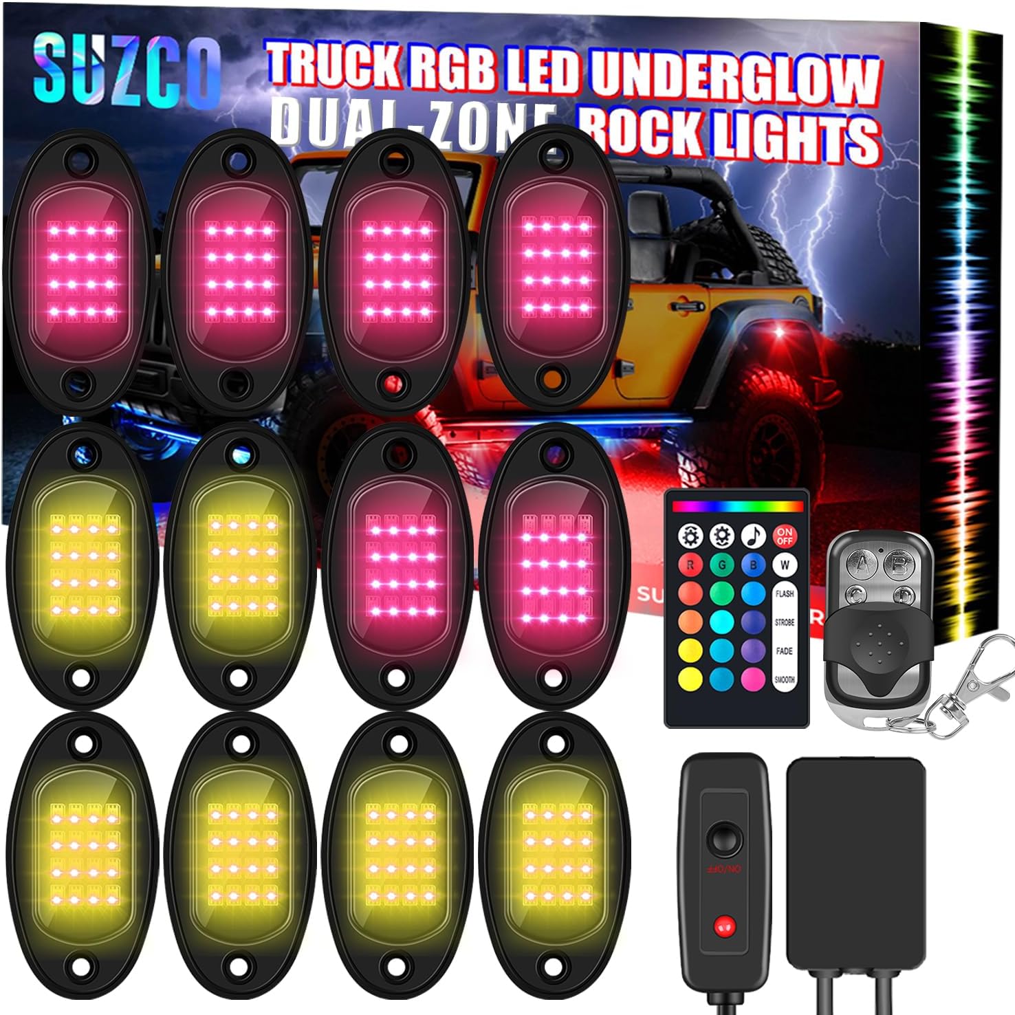 SUZCO Kit de luz LED RGB de neón bajo la rueda, 12 vainas, kit de luz de doble zona con aplicaciónRFIR, sincronización de música, luces multicolor,