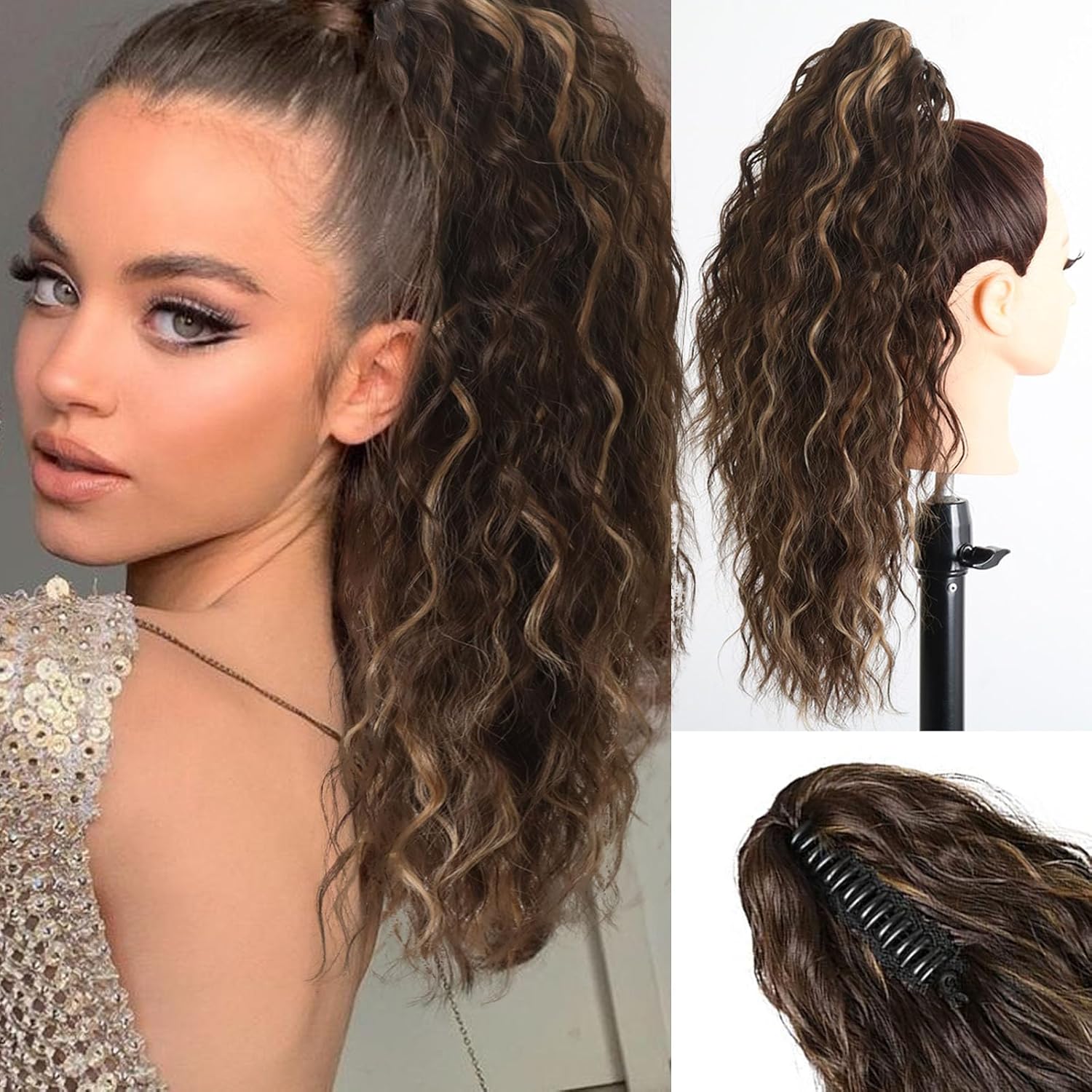 Matthia Extensión de cola de caballo con clip de garra de 18 pulgadas para mujer, extensiones de cola de caballo rizadas y onduladas, extensiones de