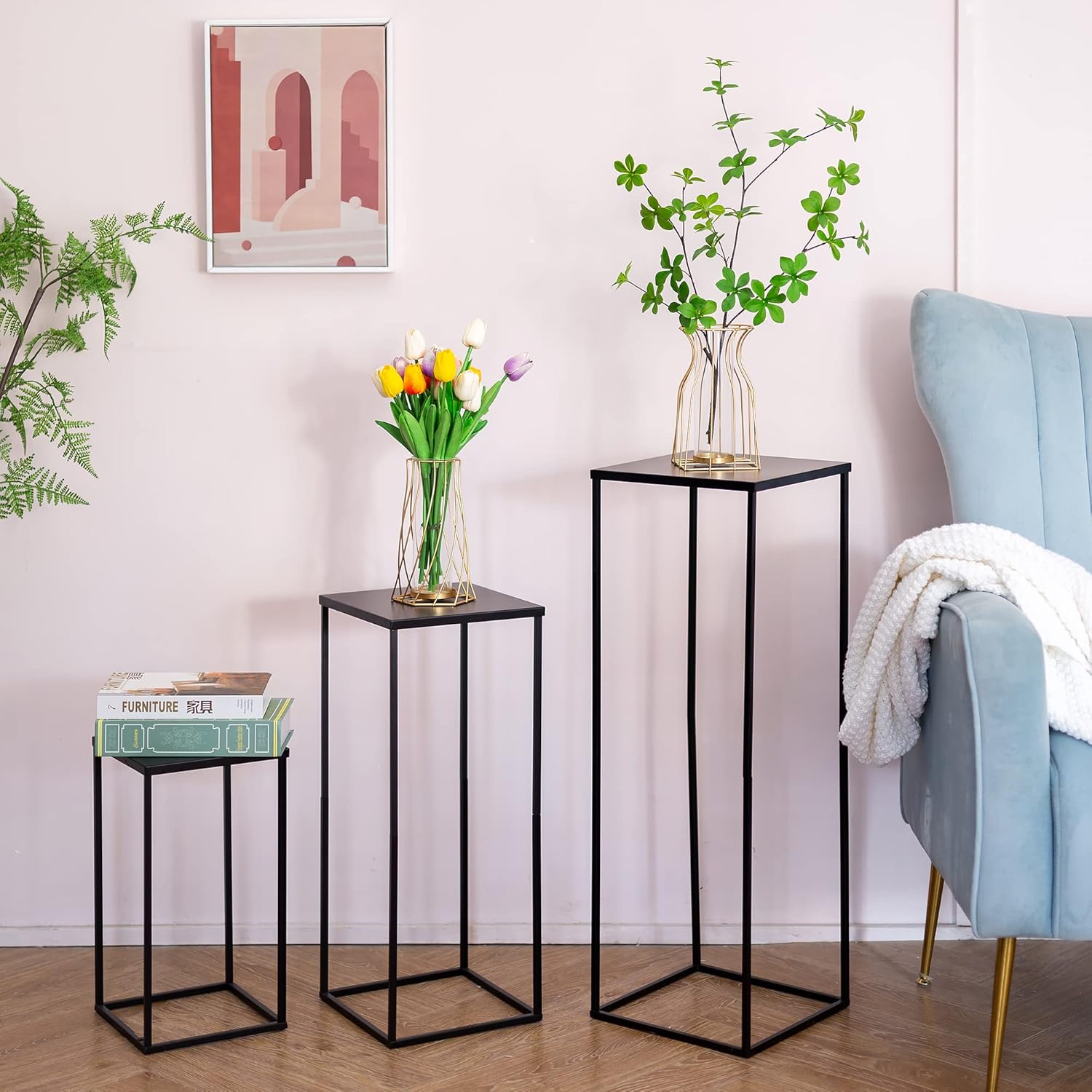 Soporte de pedestal negro para plantas, 2 piezas, soporte de metal para plantas, soporte de flores de 15.75 pulgadas de alto, soporte para flores,