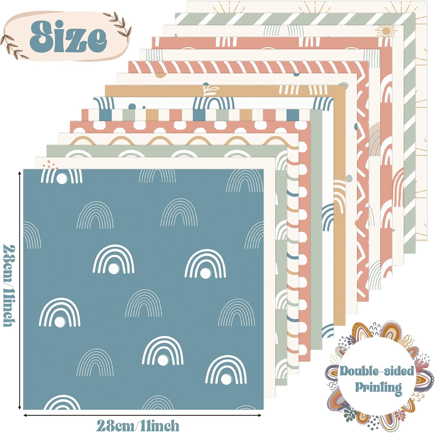 Haooryx Juego de 60 piezas de papel con patrón bohemio de 11 x 11 pulgadas, retro, bohemio, arco iris, papel decorativo de doble cara, papel