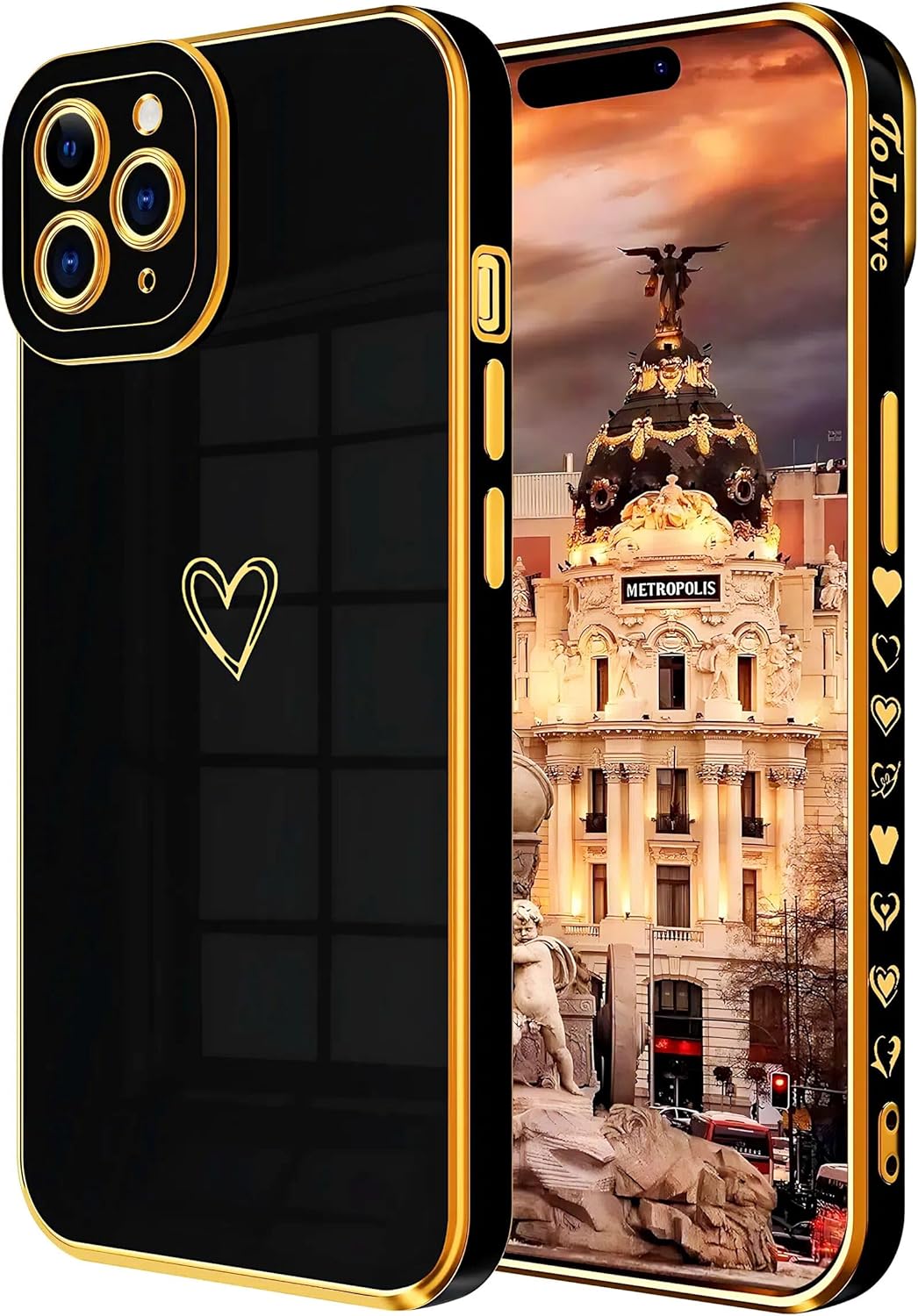 Funda compatible con iPhone 11 Pro para mujeres y niñas, diseño estético, lindo, de lujo, moderno, de corazón dorado, delgada, de silicona, a prueba