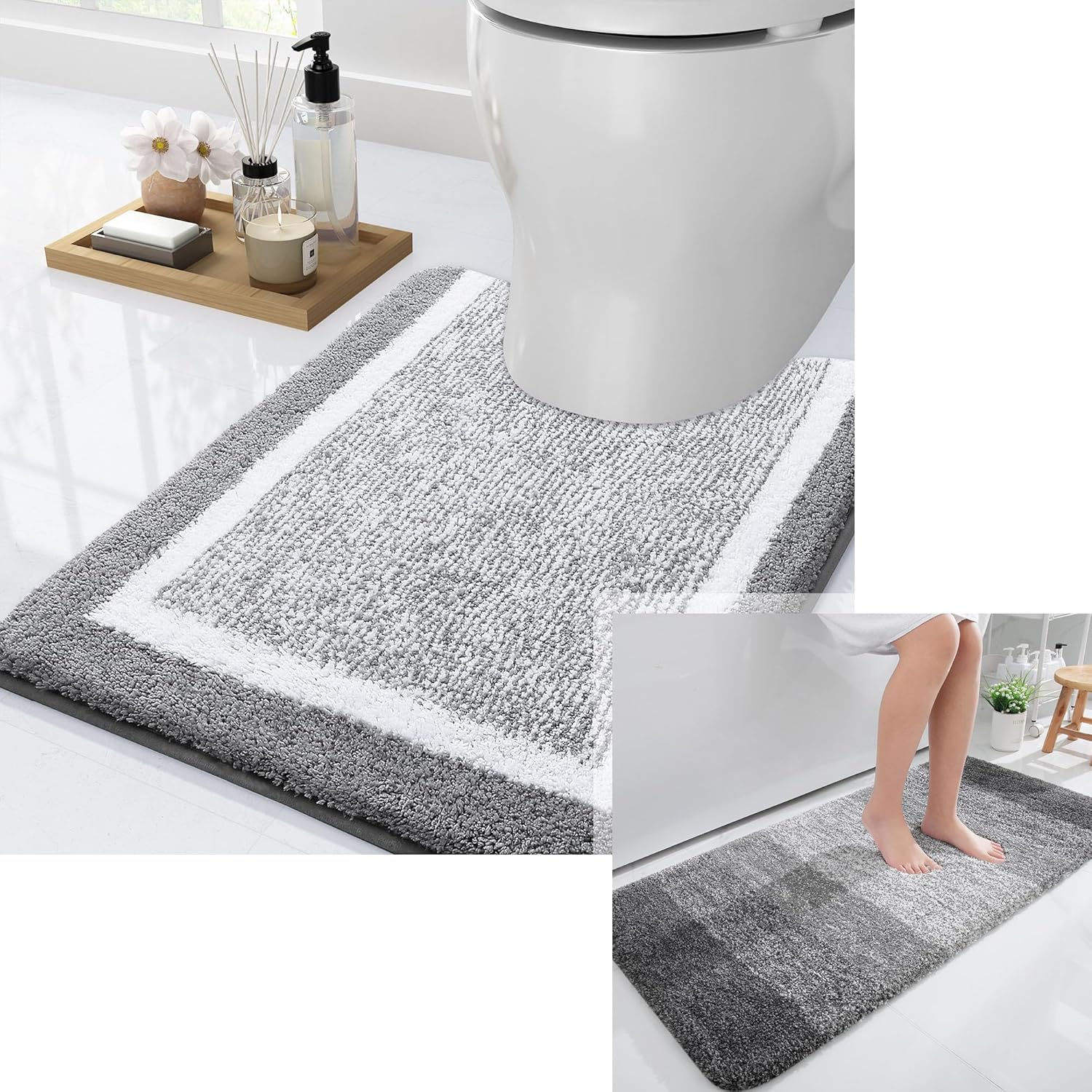 OLANLY Alfombras de baño y inodoros en forma de U, tamaño 47 x 24 pulgadas y alfombras de inodoro de 24 x 20 pulgadas, color gris, paquete de 2