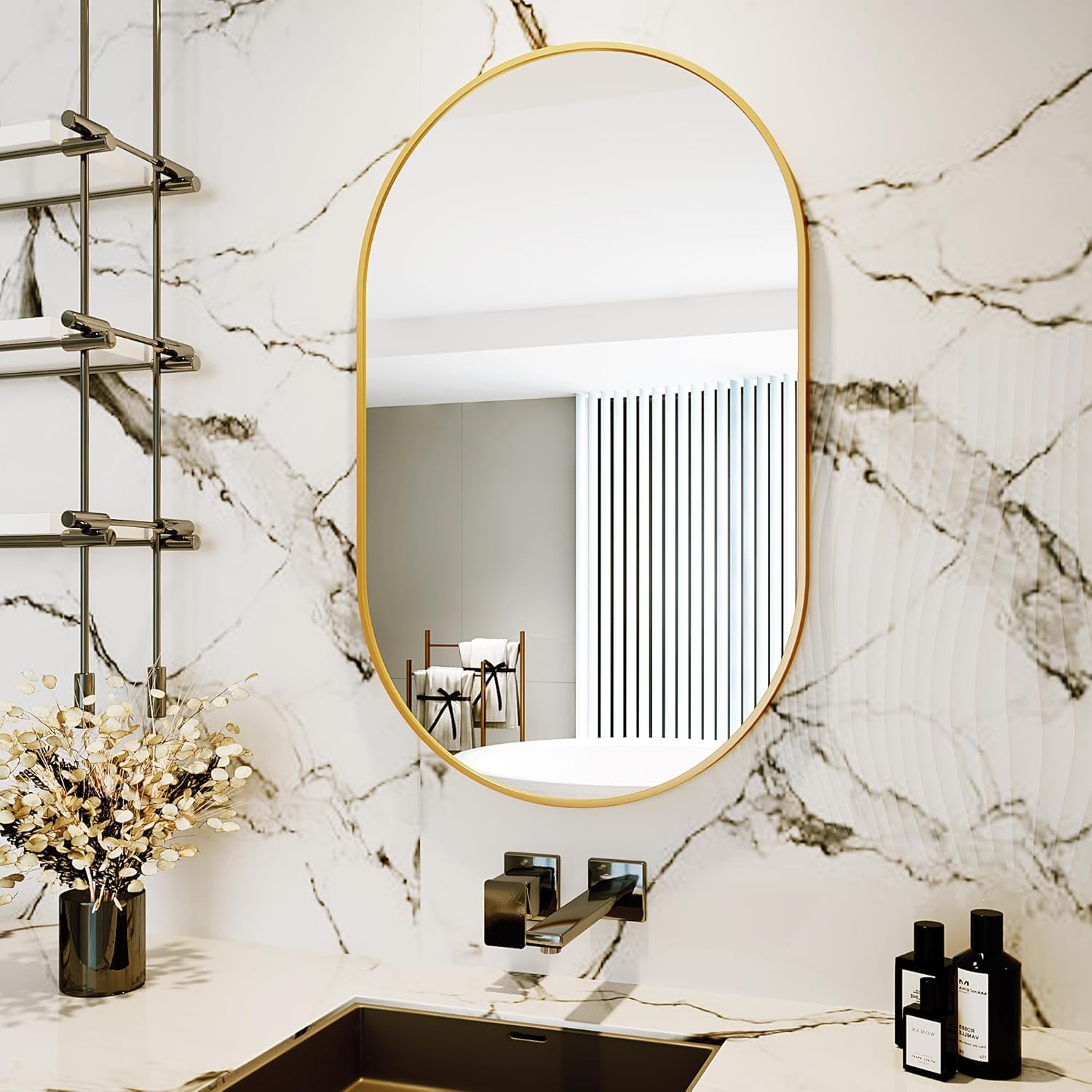Protylctaster Espejos ovalados, espejos ovalados de baño, espejo dorado de 20 x 28 pulgadas para pared, espejo de pared ovalado, espejos de baño