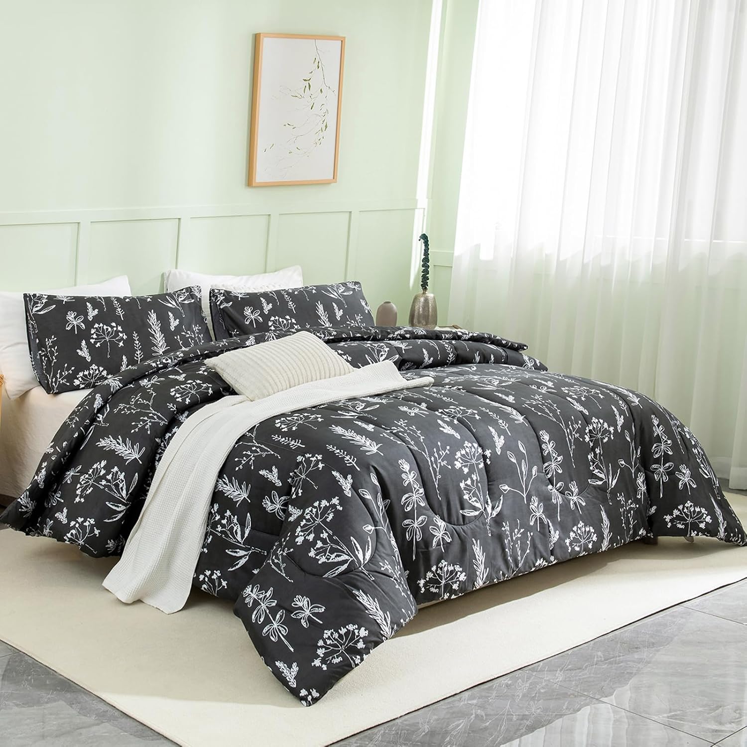 Herside Juego de edredón floral negro tamaño Queen, juegos de ropa de cama de granja, edredón floral suave y ligero con plantas, juego de ropa de