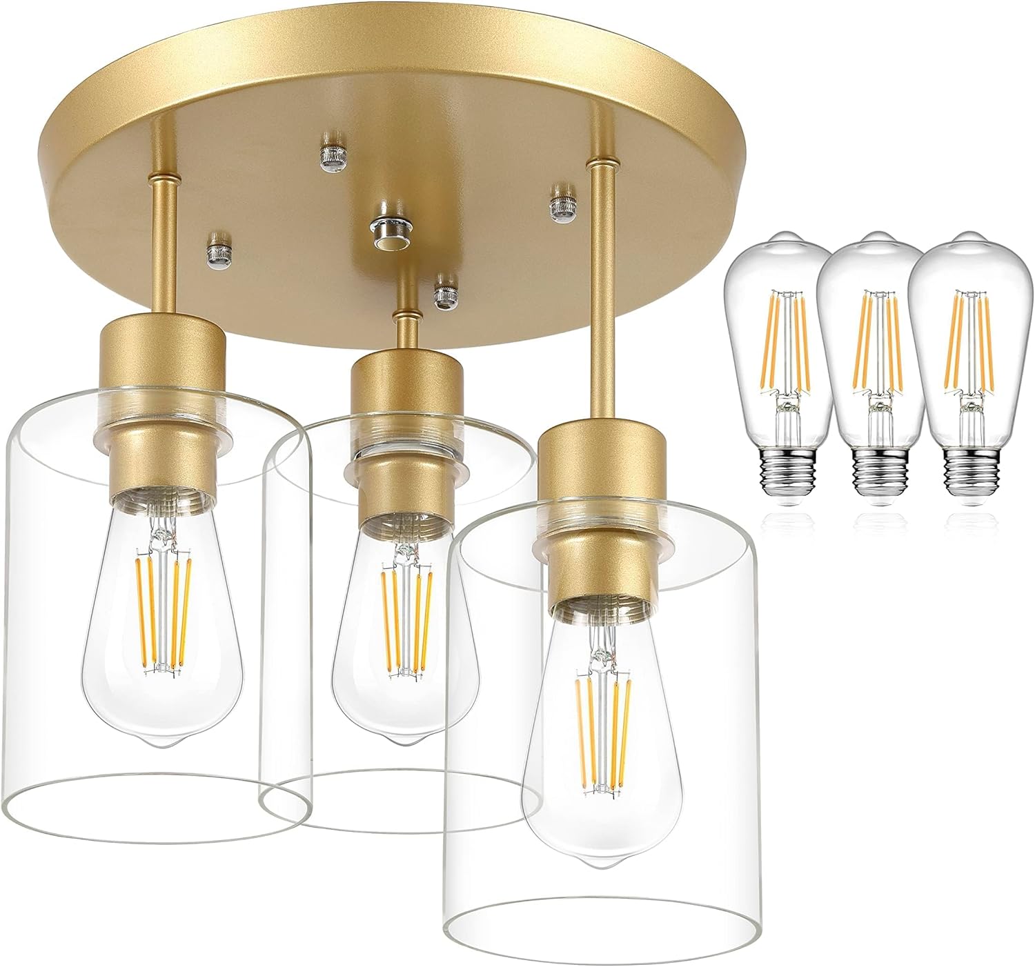 Lámpara de techo semiempotrada con pantalla de vidrio transparente, acabado dorado de latón, 3 lámparas de cocina, lámparas de pasillo, lámparas