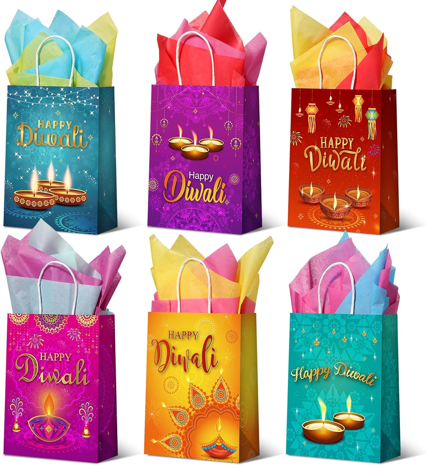 Cholemy 18 bolsas de papel Diwali Happy Diwali con asas, bolsas de regalo de fiesta Diwali, bolsas de regalo de papel de seda, bolsas de dulces