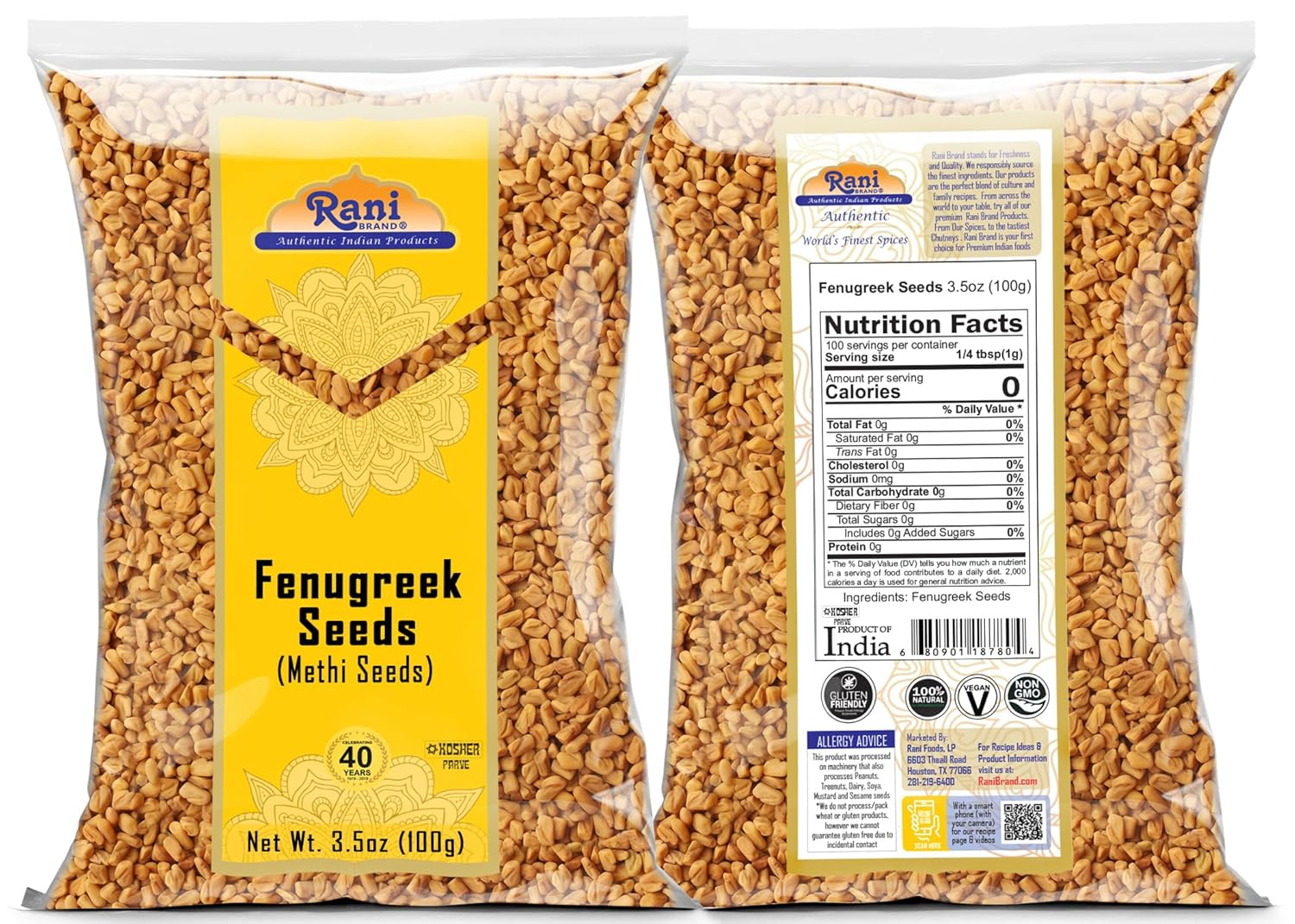 Rani Fenugreek (Methi) Semillas enteras de 3.5 onzas (3.53oz) Trigonella Foenum Graecum  Todo natural  Vegano  Apto para gluten  Sin OMG  Origen